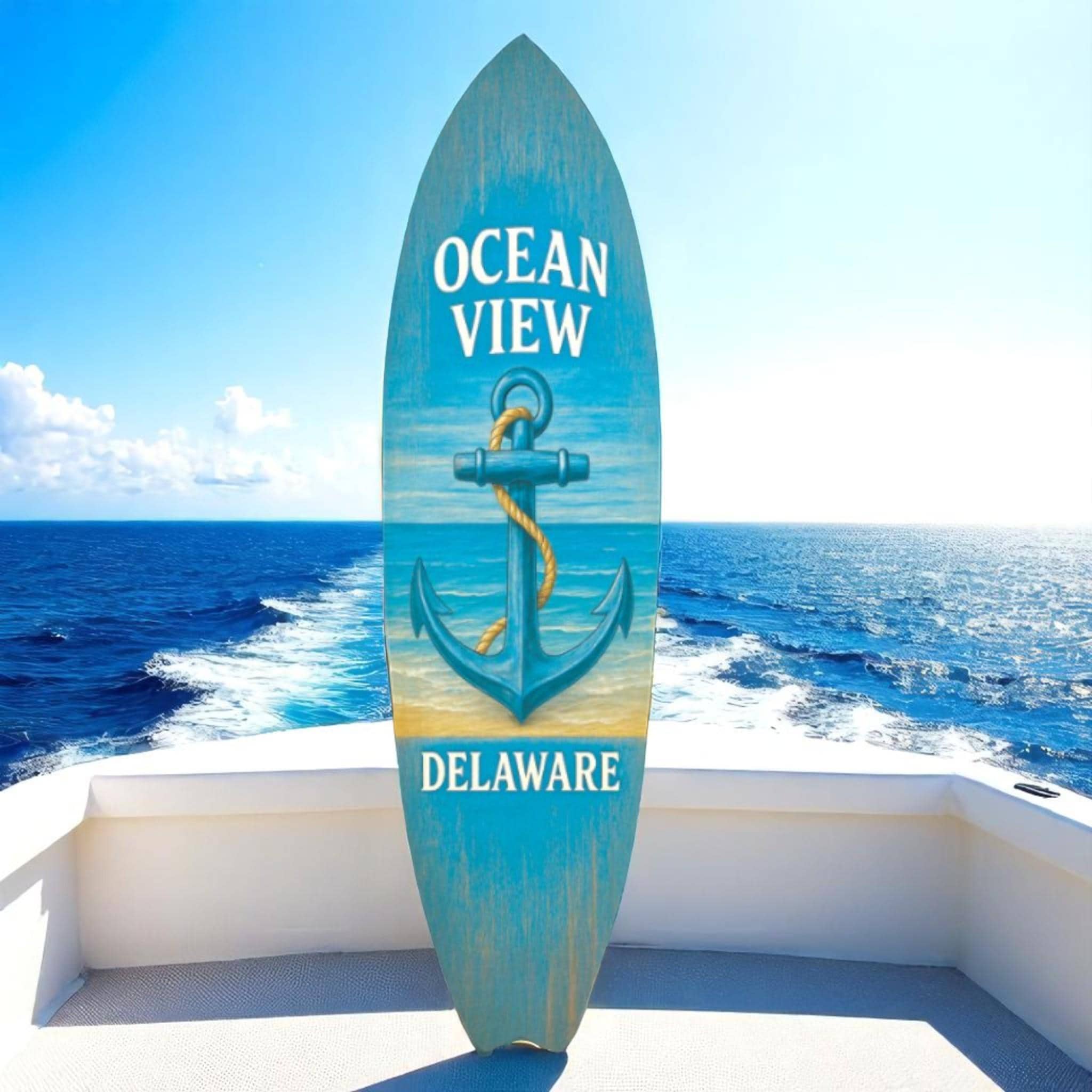 Ocean View Delaware Surfboard Wall Art – Coastal Anchor Beach Decor, Nautical Sign for Porch, Patio, or Beach House, Weatherproof PVC
