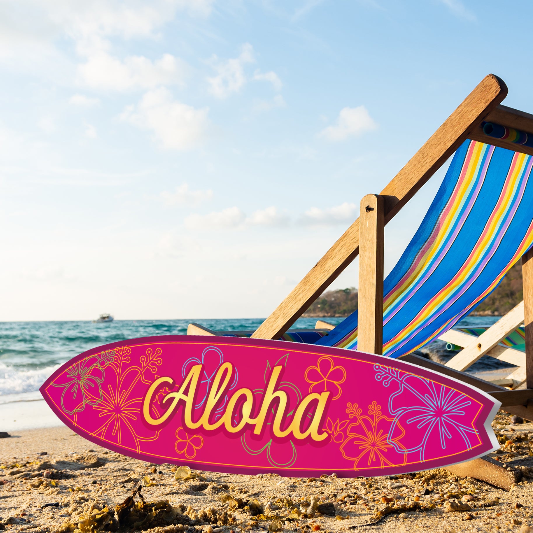 Outdoor Aloha Hawaiian Surfboard Wall Art, Hawaiian Decor Hibiscus Flowers, Weather Resistant PVC, Coastal Style Surfboard Sign, 3 - 5 Feet