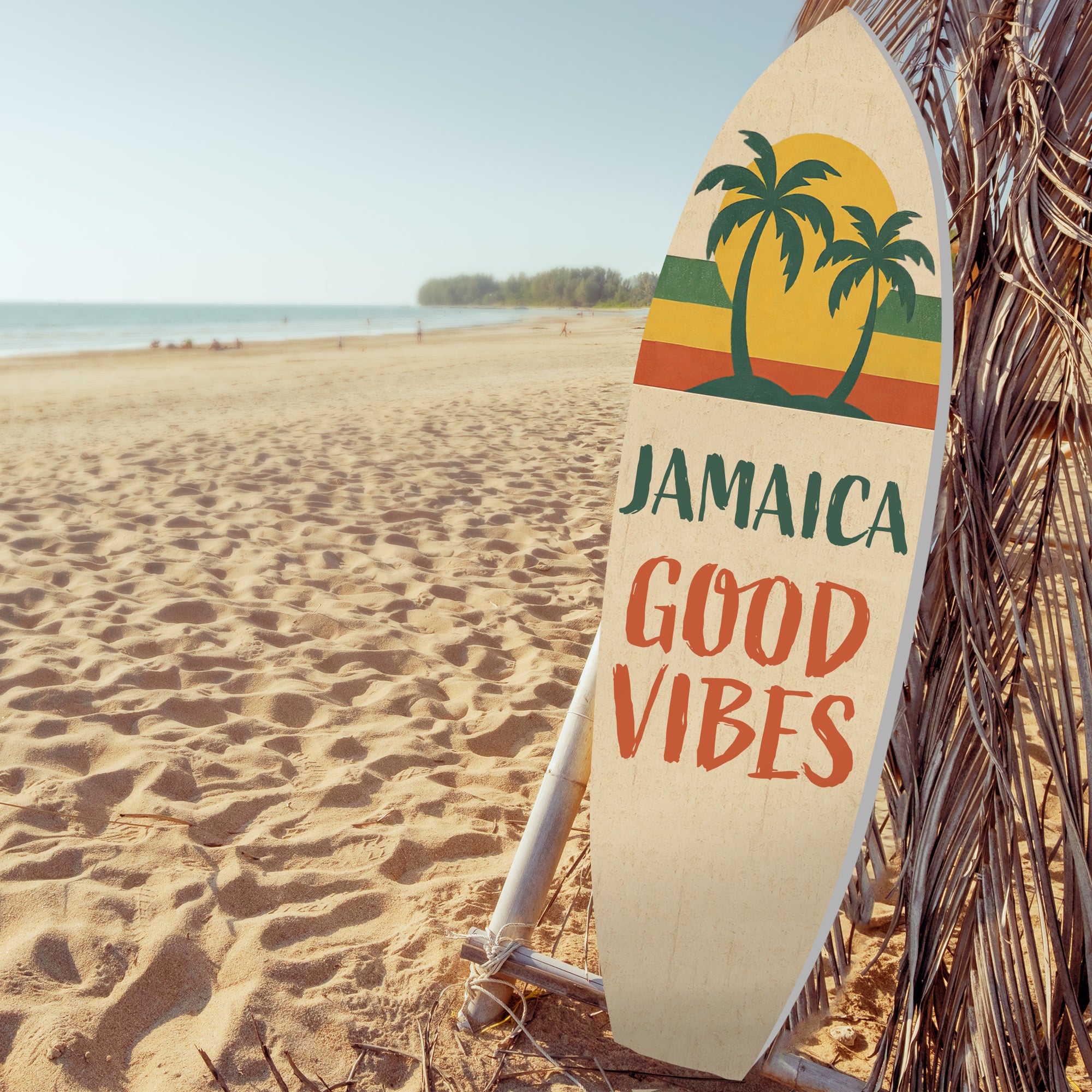 Outdoor Surfboard Wall Art Jamaica Good Vibes Sign with Sunset and Palm Trees, Beach House Tropical Coastal Decor Weatherproof PVC, 3 - 5 Feet