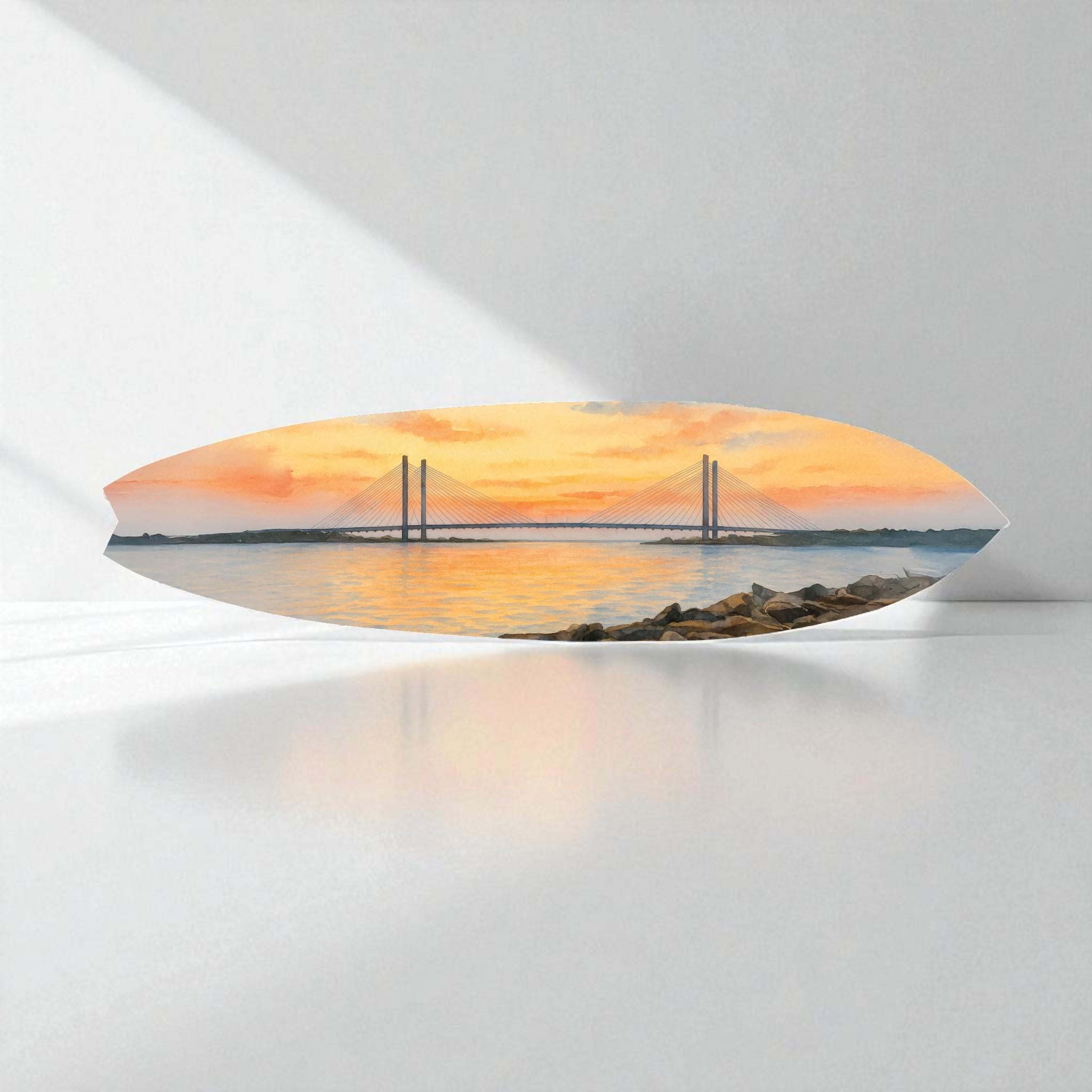 Indian River Bridge Surfboard Wall Art – Delaware Watercolor Coastal Décor, Nautical PVC Surfboard Sign, Outdoor Safe
