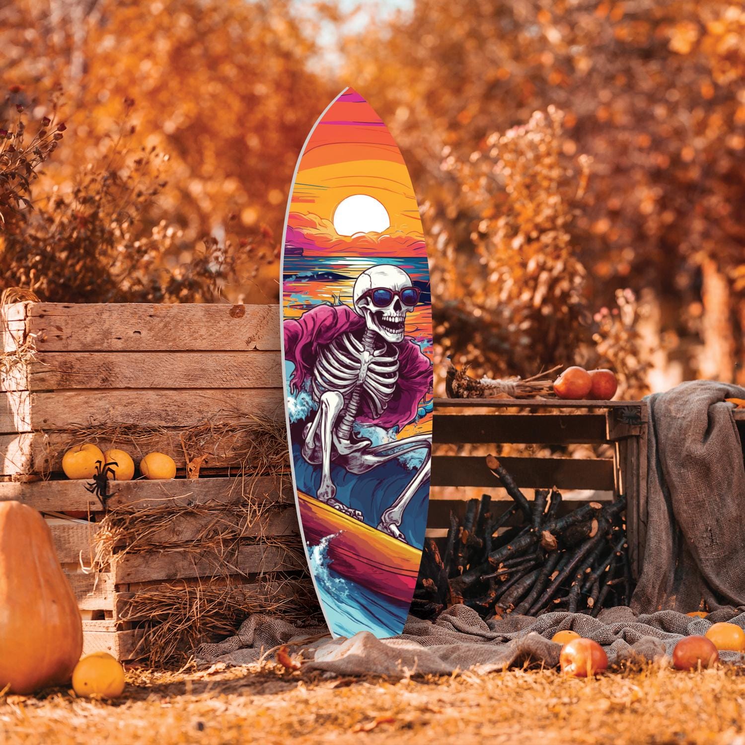 Halloween Surfboard Skeleton Wall Art – Spooky Surfing Sunset PVC Sign – Coastal Halloween Decor for Porch, Patio, or Beach House, 2 - 5 FT