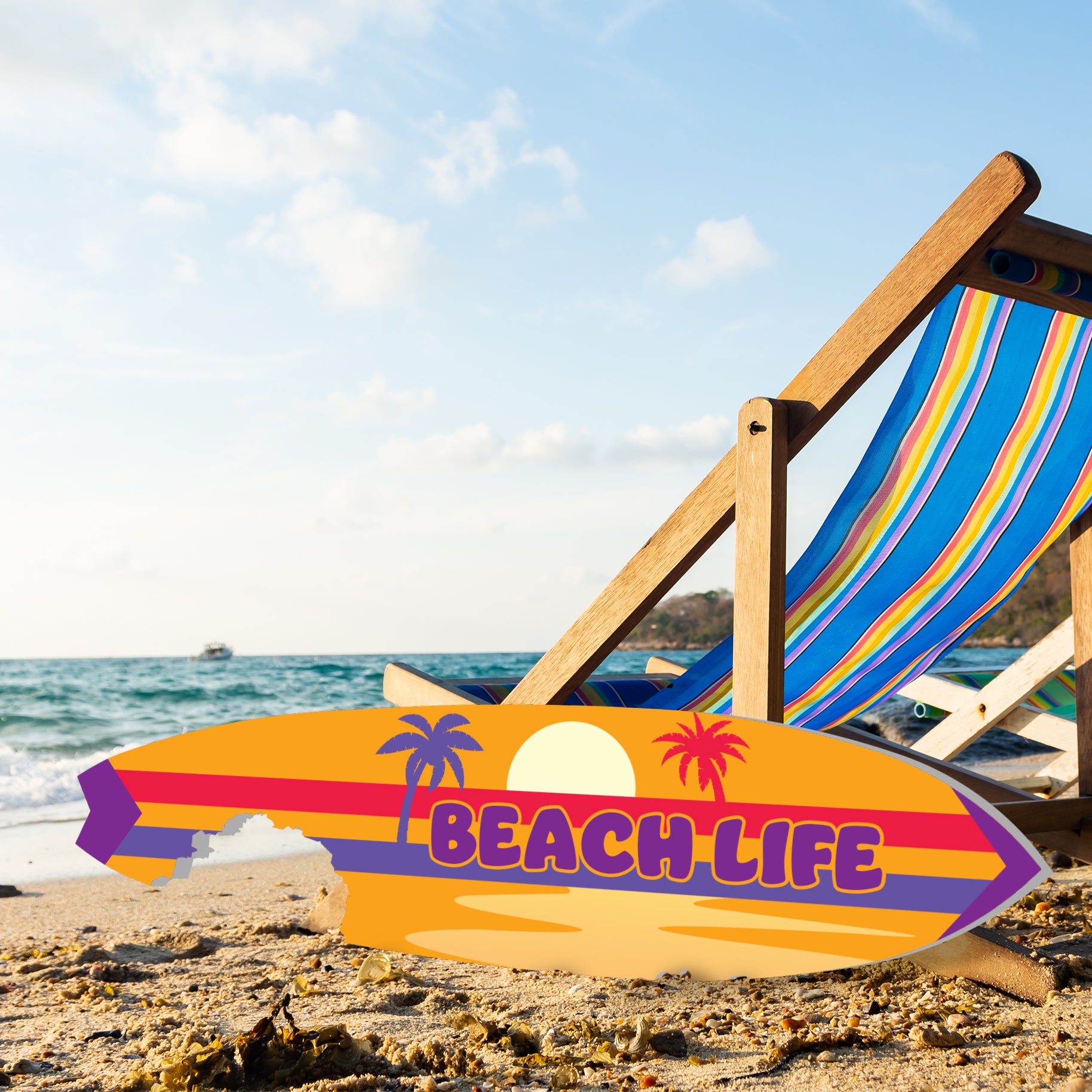 Outdoor Surfboard Wall Art with Shark Bite, Beach Life, Coastal Decor, Surfboard Sign Tropical Style, Weather Resistant PVC, 3 - 5 Feet