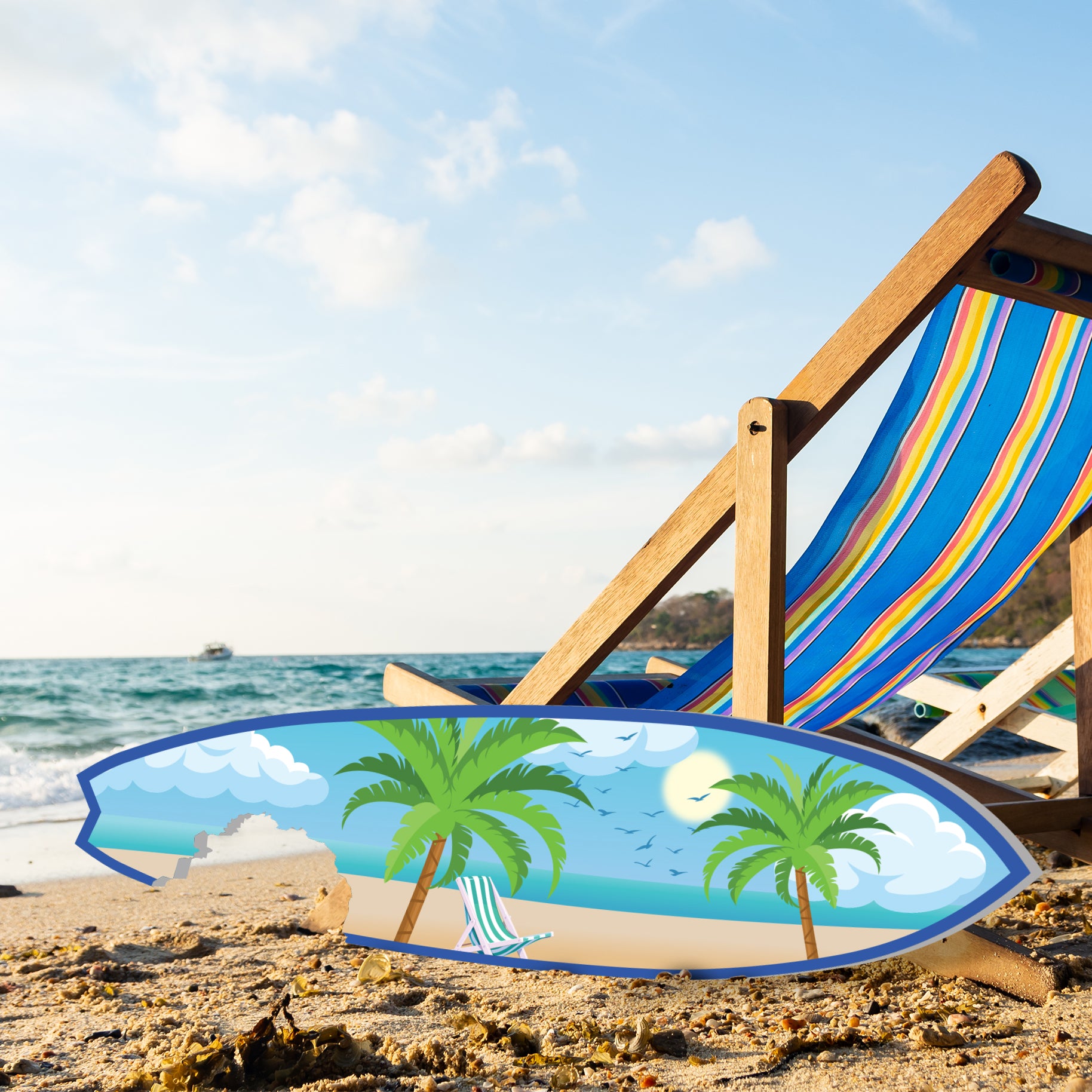 Outdoor Surfboard Wall Art, Beach Decor, Surfboard Sign with Shark Bite, Palm Trees and Beach-Themed, Weather Resistant PVC, 3 - 5 Feet