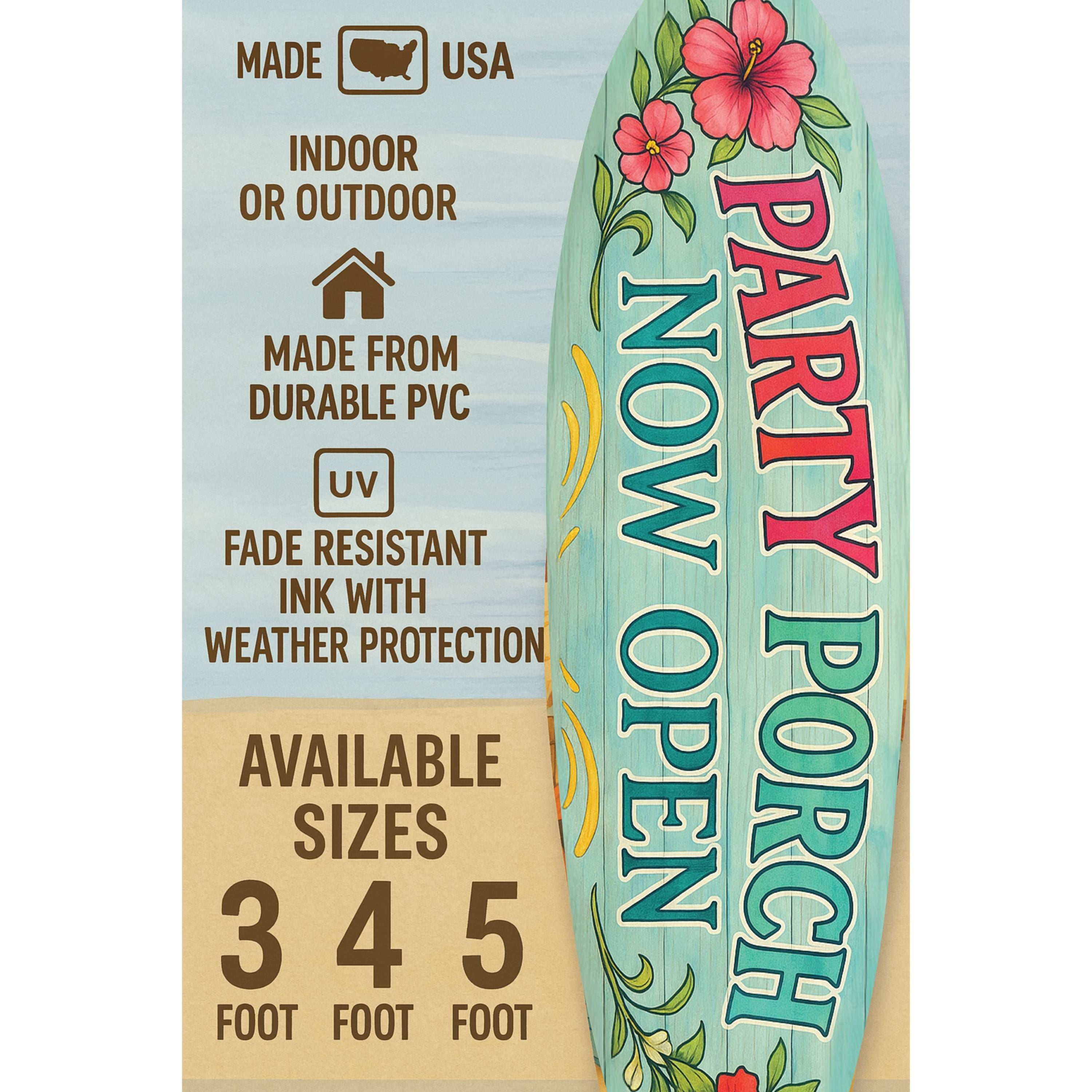 Party Porch Now Open Surfboard Sign – Coastal Porch Decor – Indoor Outdoor Beach House Sign, 3 - 5 Feet