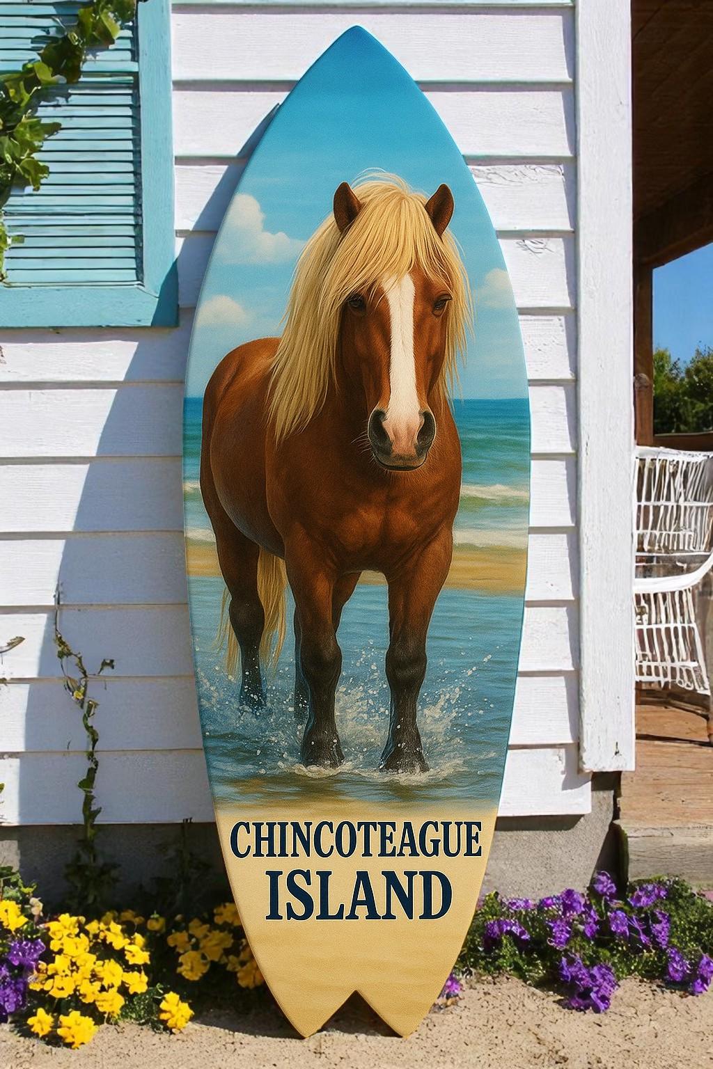 Chincoteague Island Virginia Surfboard Decorative Wall Art Horses and Oysters