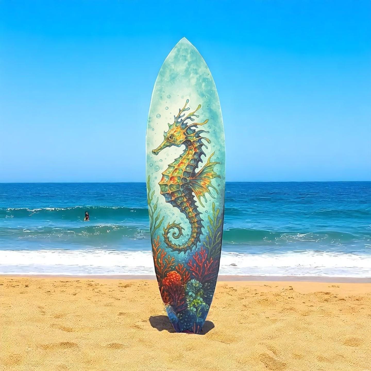 Seahorse Surfboard Wall Art – Coastal PVC Beach House Decor, Ocean Theme Nautical Wall Sign, Tropical Underwater Sea Dragon, 3 - 5 Feet