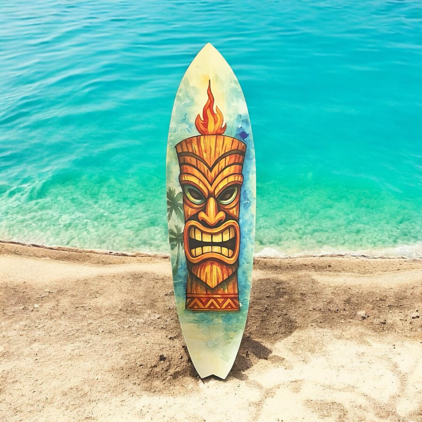 Tiki Surfboard Wall Art – Polynesian Tropical PVC Decor, Outdoor Tiki Mask Surfboard Sign for Patio, Beach House, Luau, or Bar Wall Display, 3 - 5 Feet