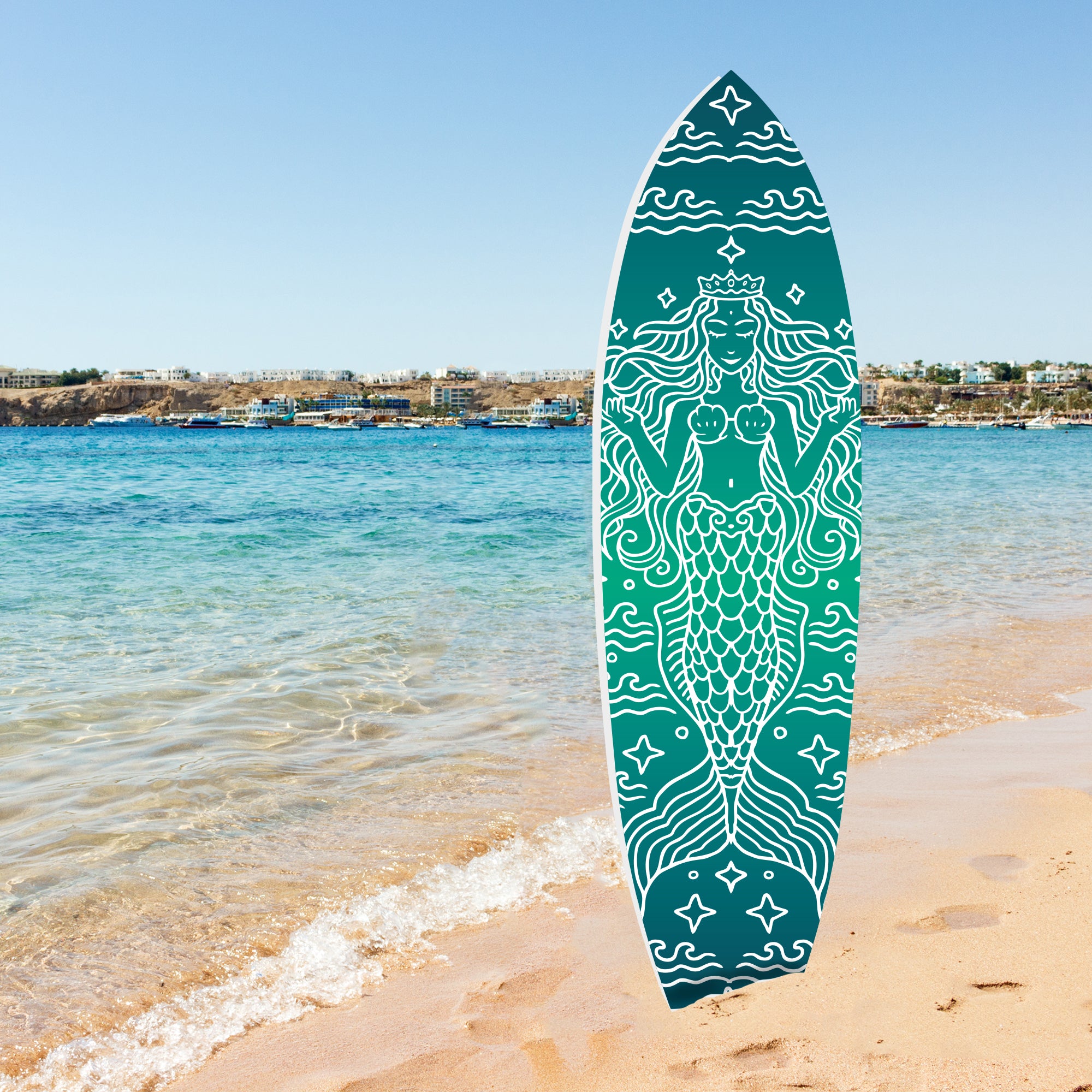 Outdoor Mermaid Surfboard Sign – Weatherproof PVC, Coastal Mermaid Decor for Beach House or Pool Area, Nautical Decoration, 3 - 5 Feet