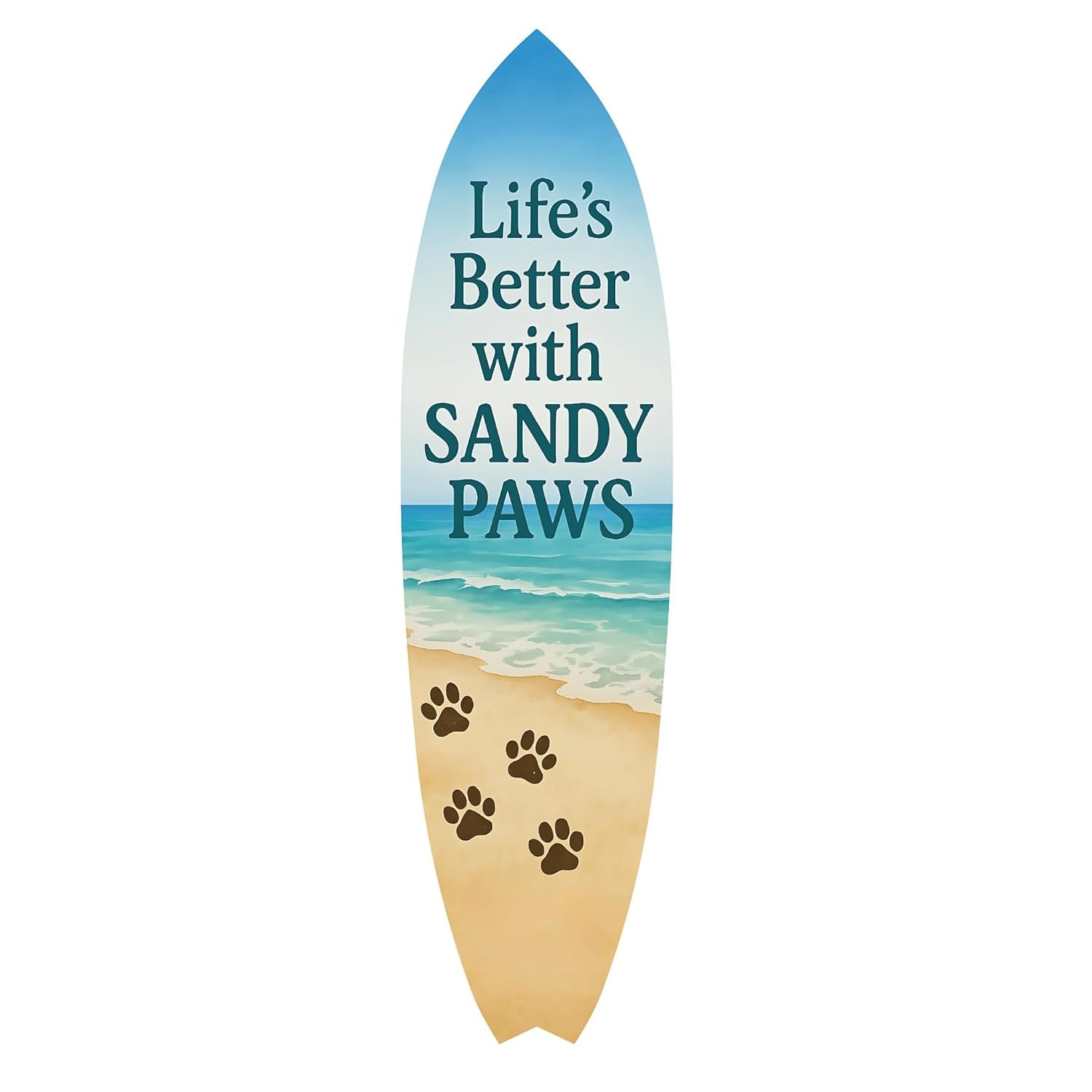 Outdoor Decorative Surfboard Wall Art, Pet Wall Decor for Porch, Pool, Fence, PVC Beach House Decoration, Life's Better Sandy Paws, 4 foot