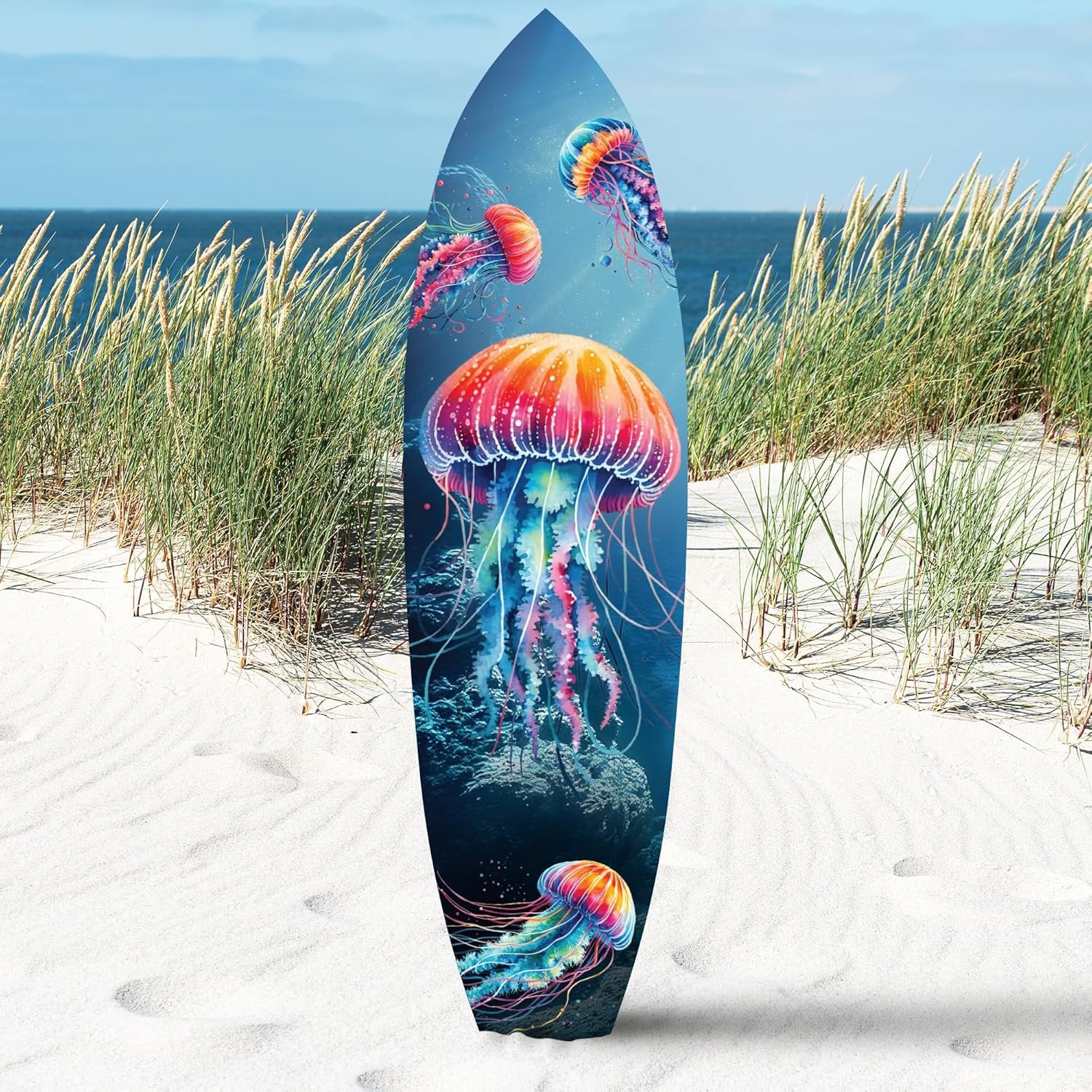 JennyGems Jellyfish Surfboard Wall Decor | Weatherproof PVC Ocean-Themed Wall Art for Indoor/Outdoor | Colorful Deep-Blue Jellyfish Design | Decorative Hanging Board Not a Real Surfboard | 3 Foot
