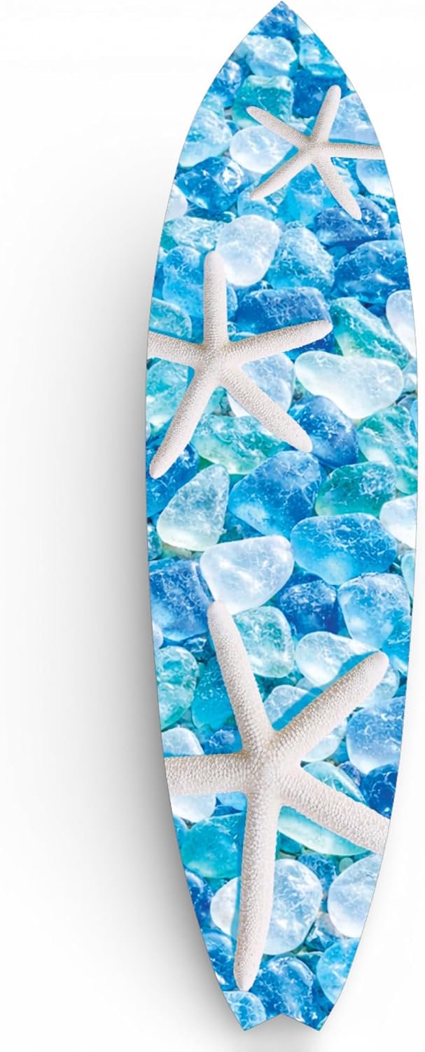 Starfish & Sea Glass Surfboard Wall Art | JennyGems | Blue Ocean Coastal Decor, Indoor Outdoor PVC