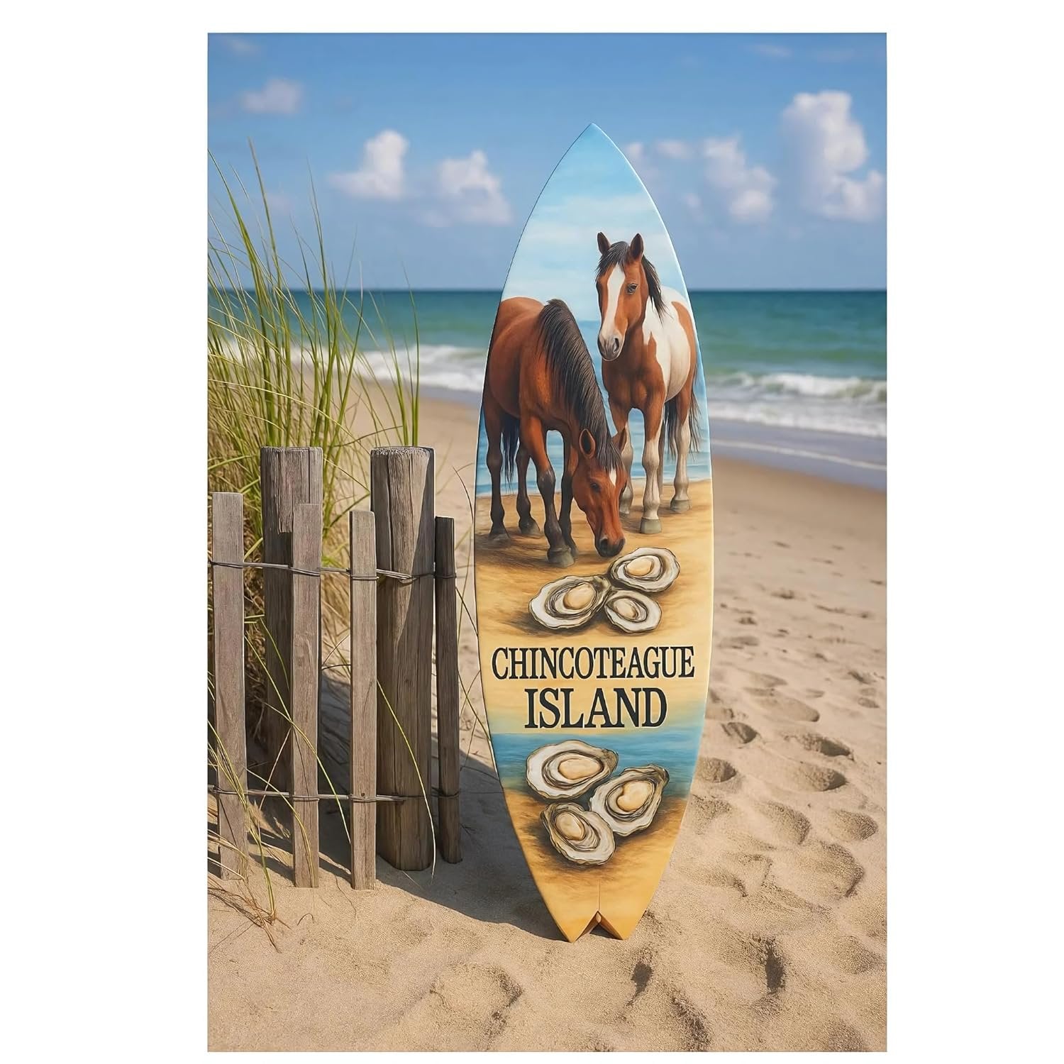 Outdoor Chincoteague Island Virginia Decorative Surfboard Sign, Wild Horses and Oysters Design, Indoor Outside PVC Wall Art (3 Foot)