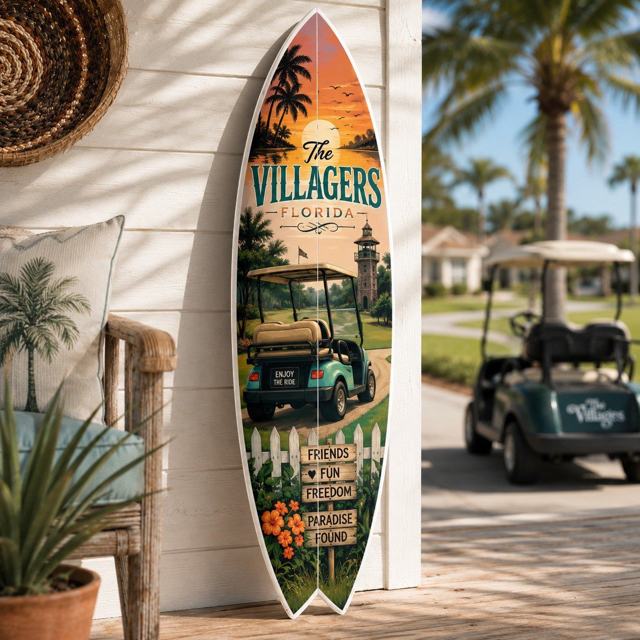 The Villages Florida Surfboard Wall Art Sign – Coastal Home Décor Gift