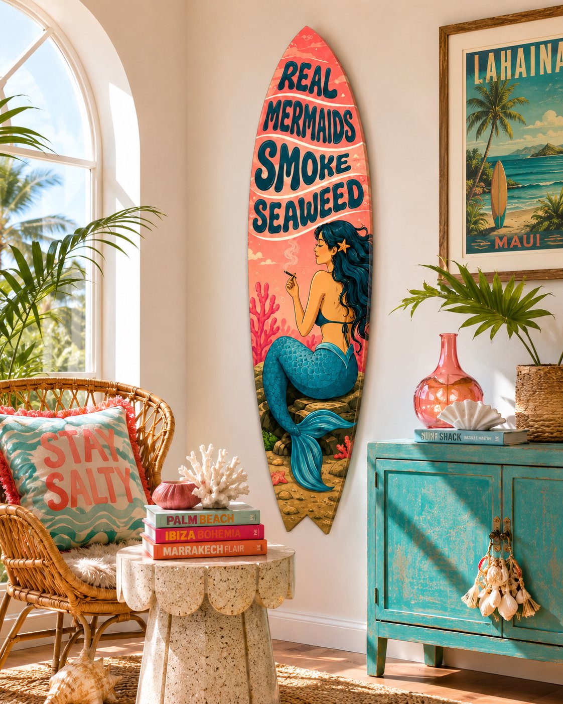 Real Mermaids Smoke Seaweed Surfboard, Beach House Wall Art