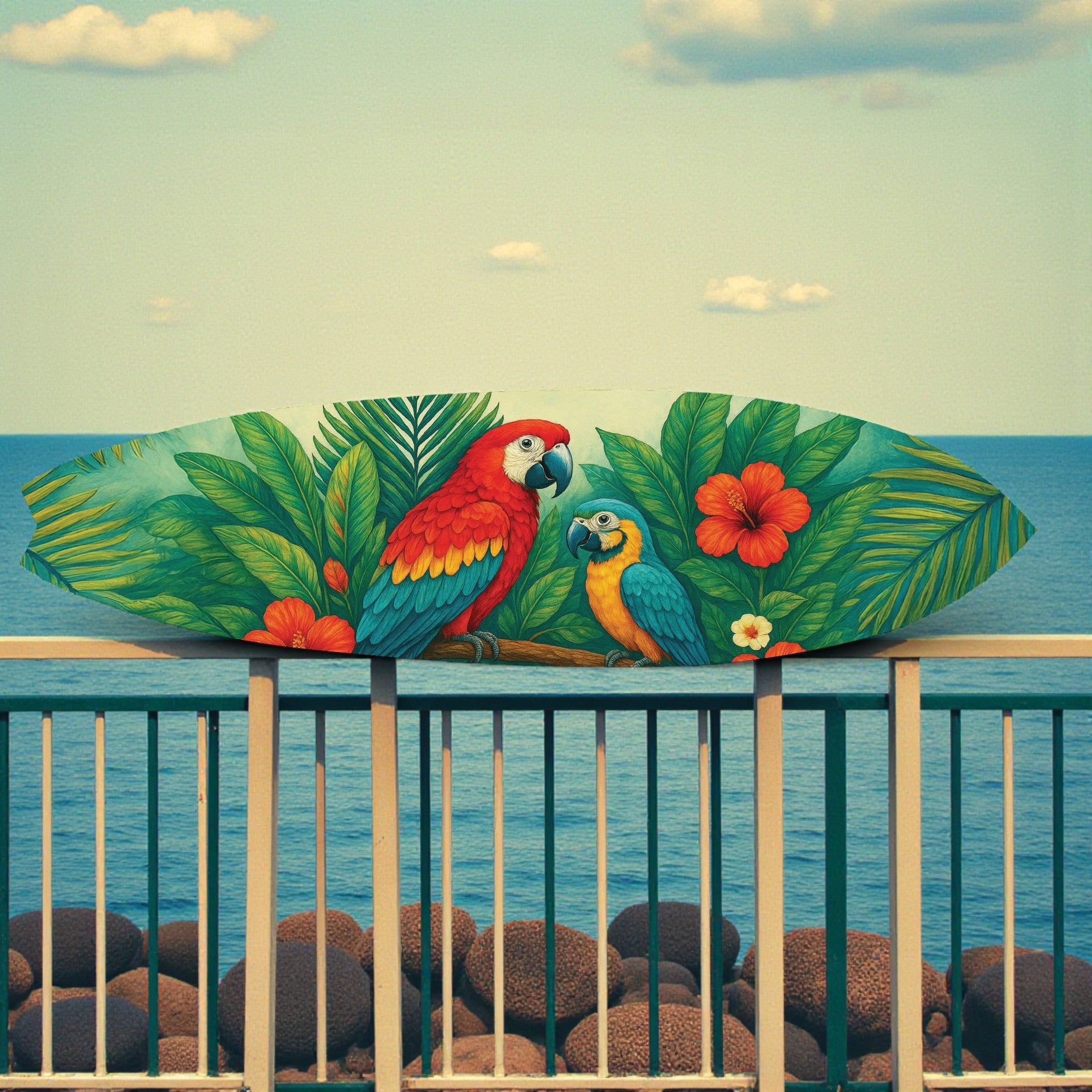 Tropical Parrot Surfboard Wall Art | JennyGems | Indoor & Outdoor Décor