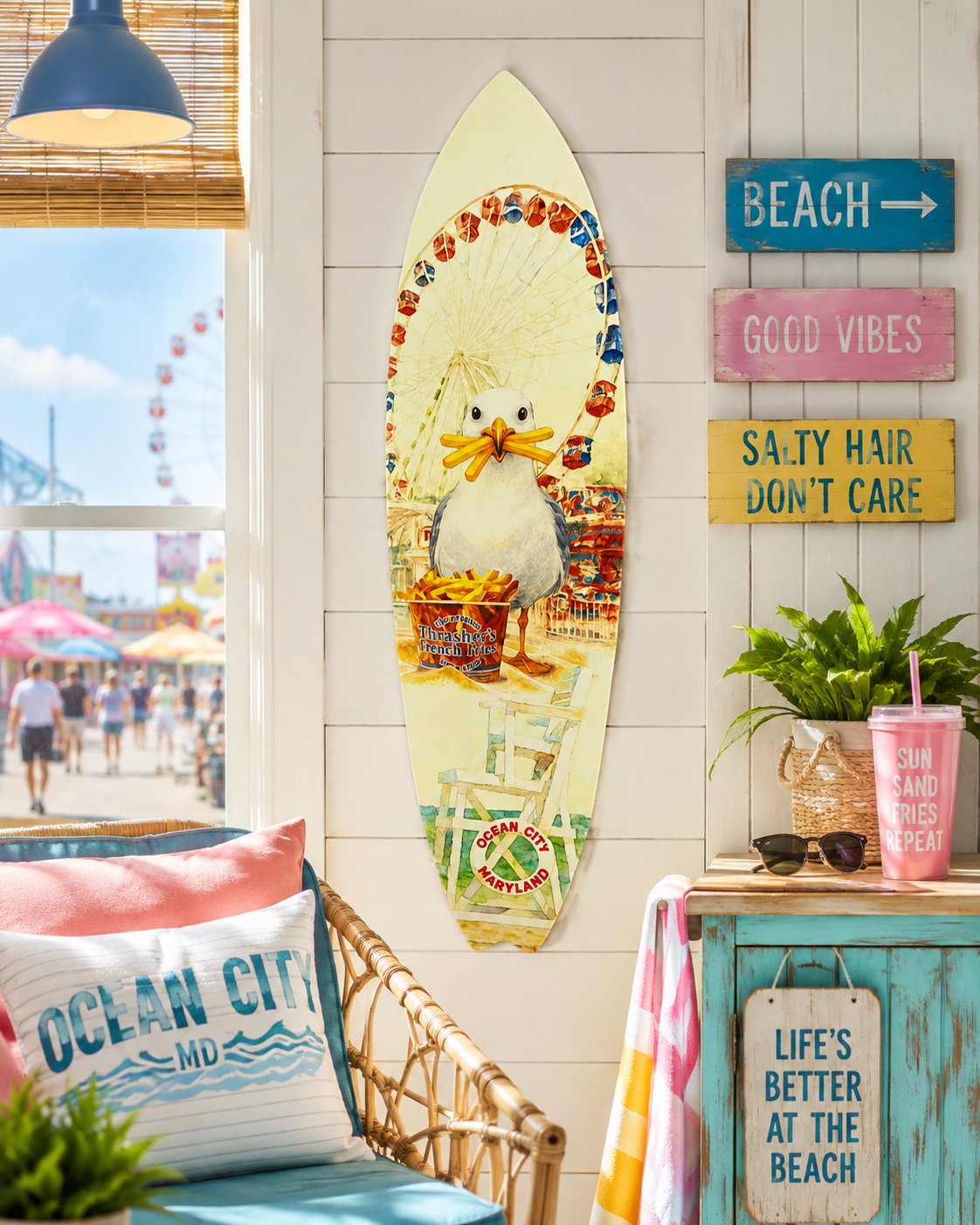 Ocean City Surfboard Wall Art: Seagull & Fries - Coastal Beach House Decor