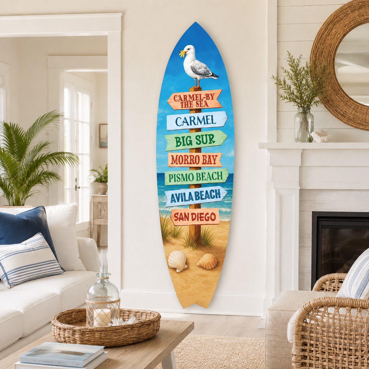 California Coastal Surfboard Sign With Beach Destinations Carmel By The Sea