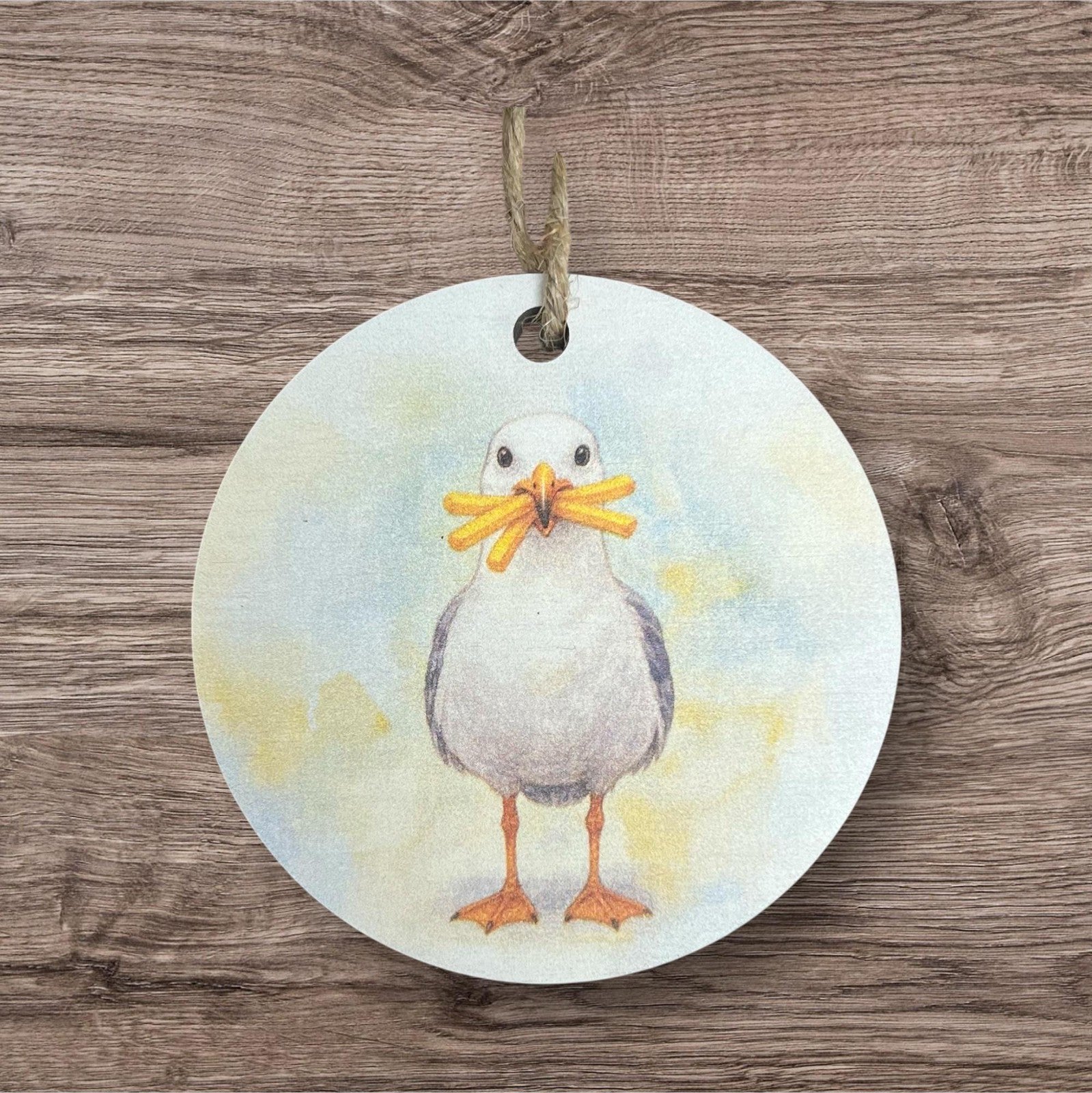 Seagull with Fries Christmas Ornament, Coastal Beach Holiday Décor Wood Ornament