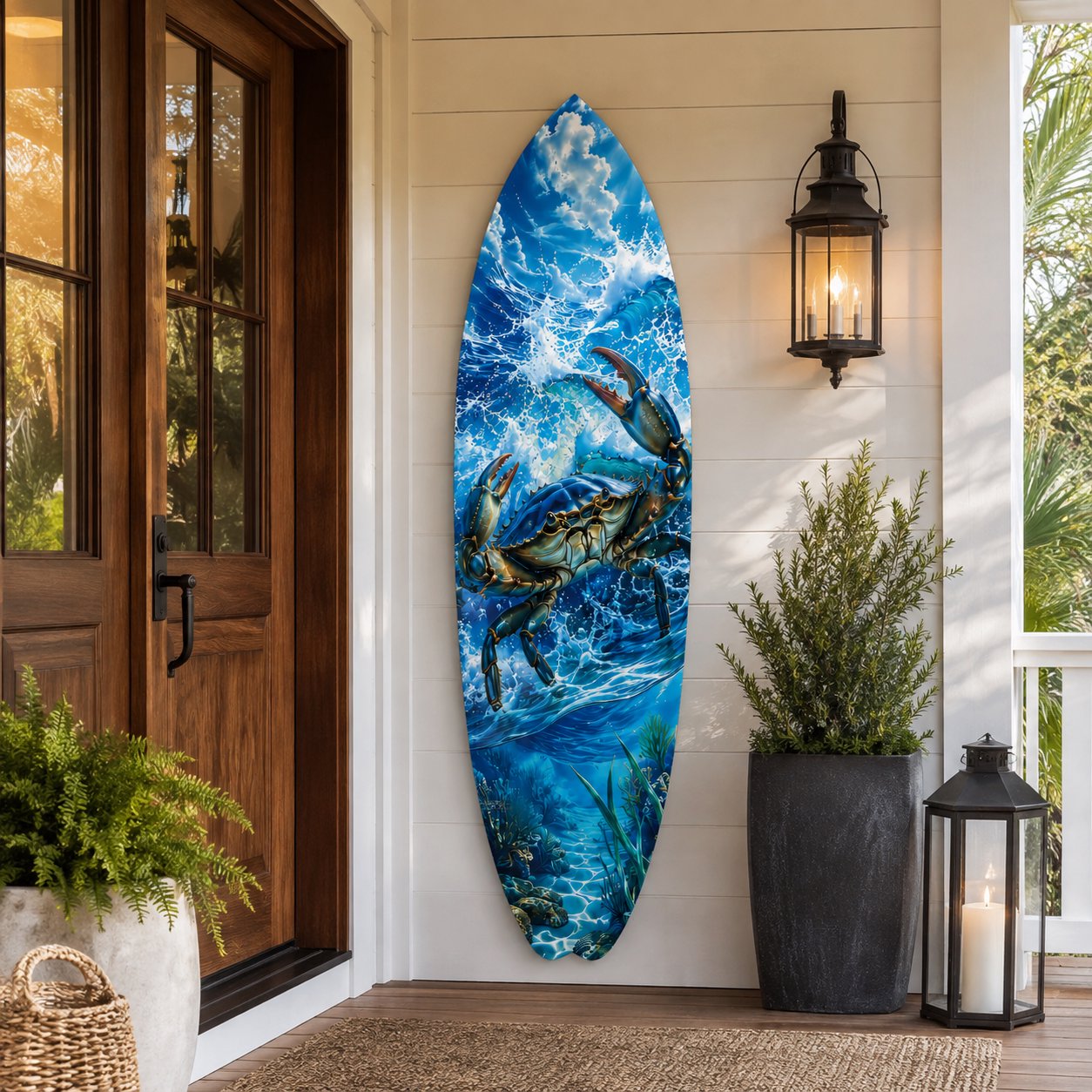 Watercolor Crab Surfboard Wall Art, Coastal Decor for Indoor and Outdoor Display