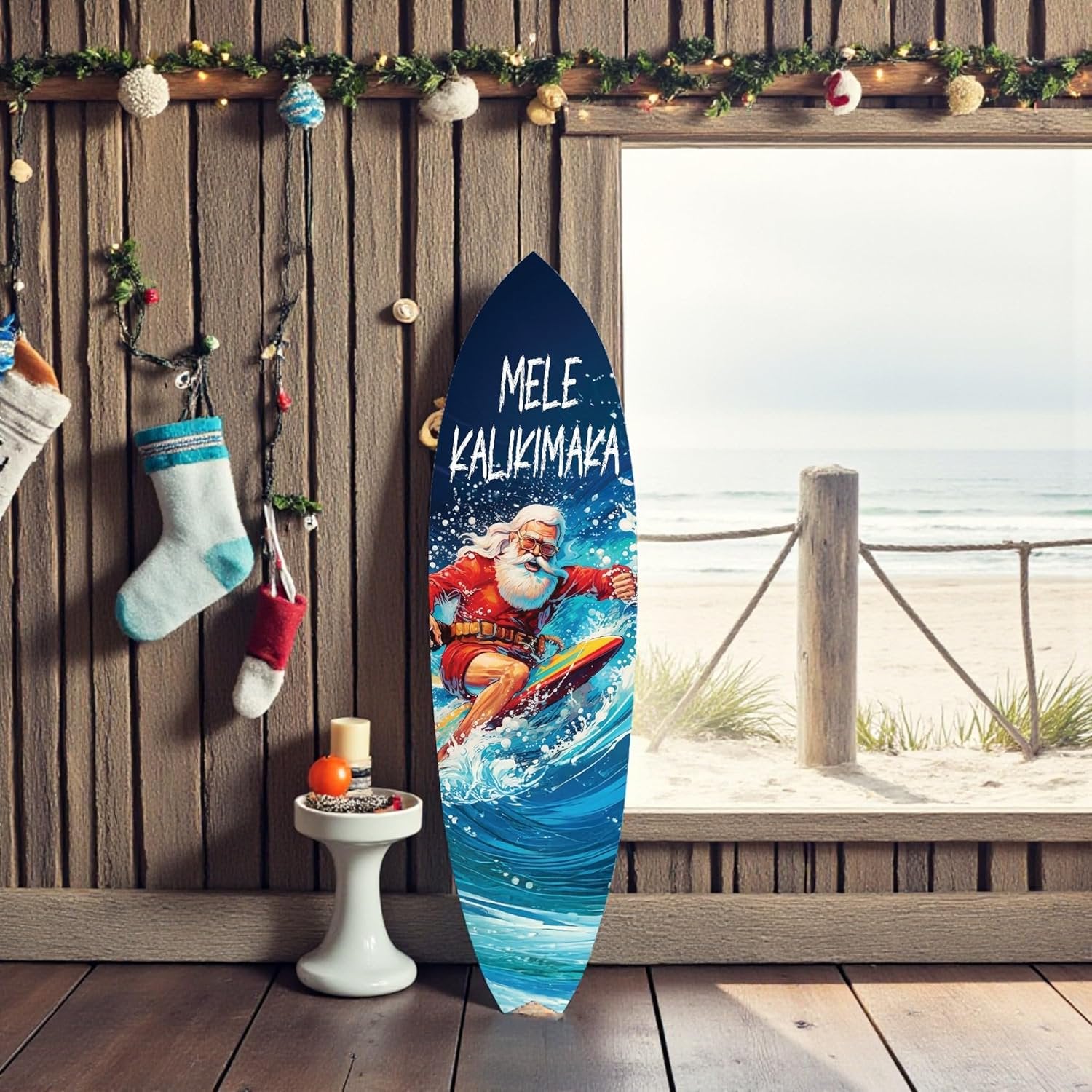 Christmas Surfboard Wall Art - Mele Kalikimaka Surfboard Sign, PVC Coastal Holiday Decor for Beach Homes (2 Foot)