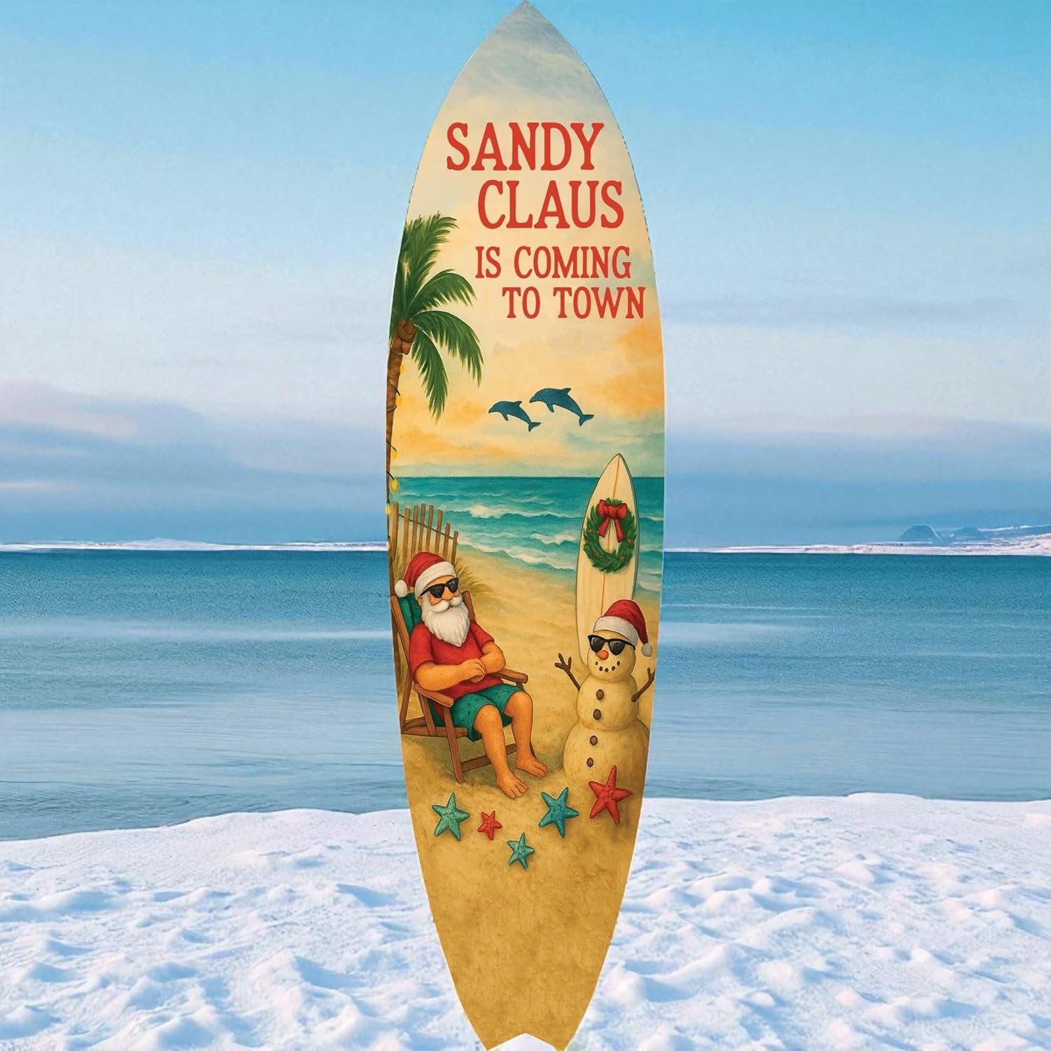 Sandy Claus Christmas Surfboard Wall Art – Outdoor PVC Holiday Wall Decor with Santa Snowman Dolphins, Beachy Christmas Porch or Coastal Yard Decoration (2 Foot)