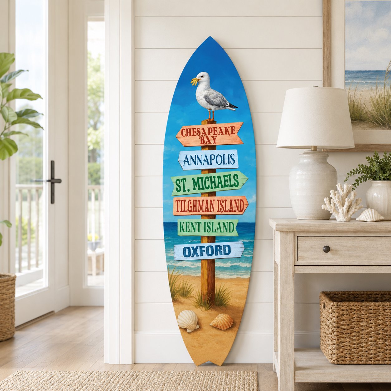 Outer Banks Surfboard Wall Art, Directional Beach Towns Sign, Weather-Resistant PVC Coastal Decor