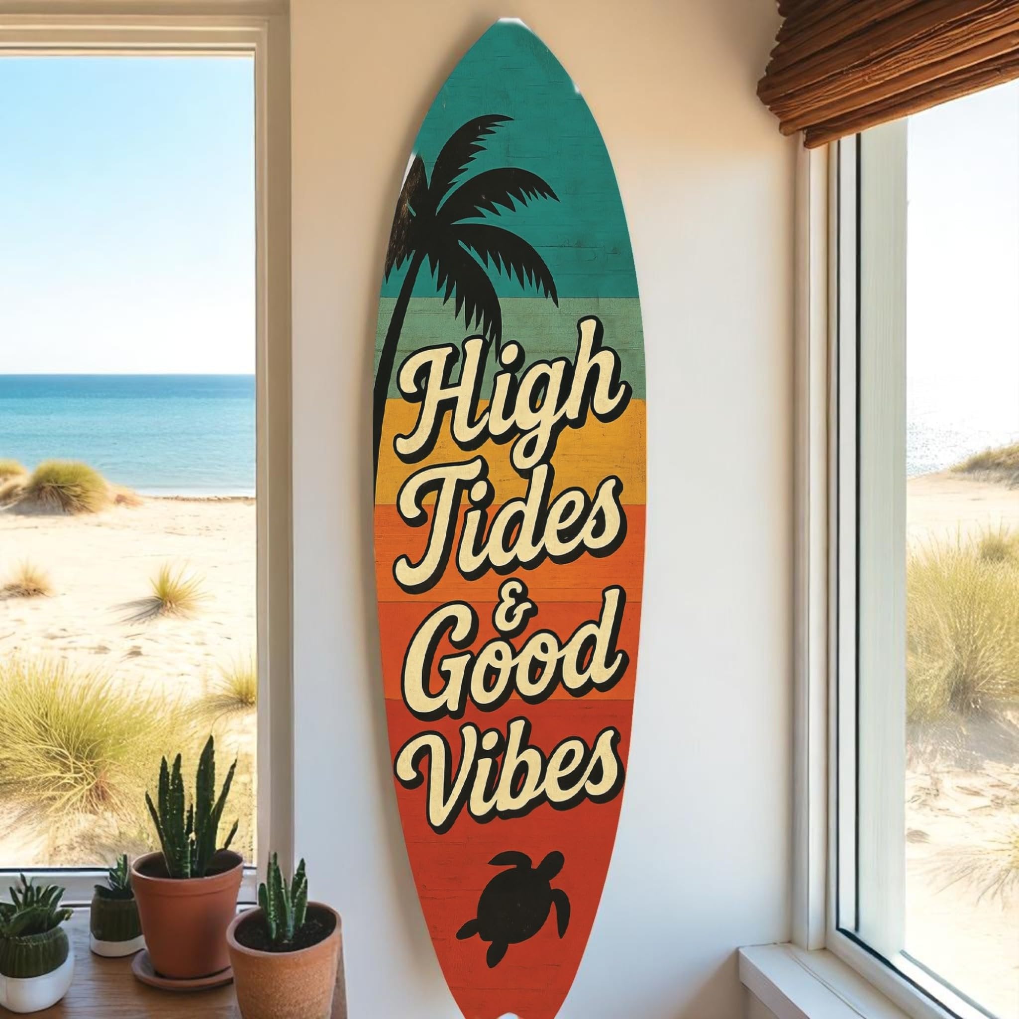 High Tides Good Vibes Surfboard Sign – Coastal Wall Decor with Sea Turtles, Palm Tree, Retro Beach House Art, Indoor Outdoor PVC
