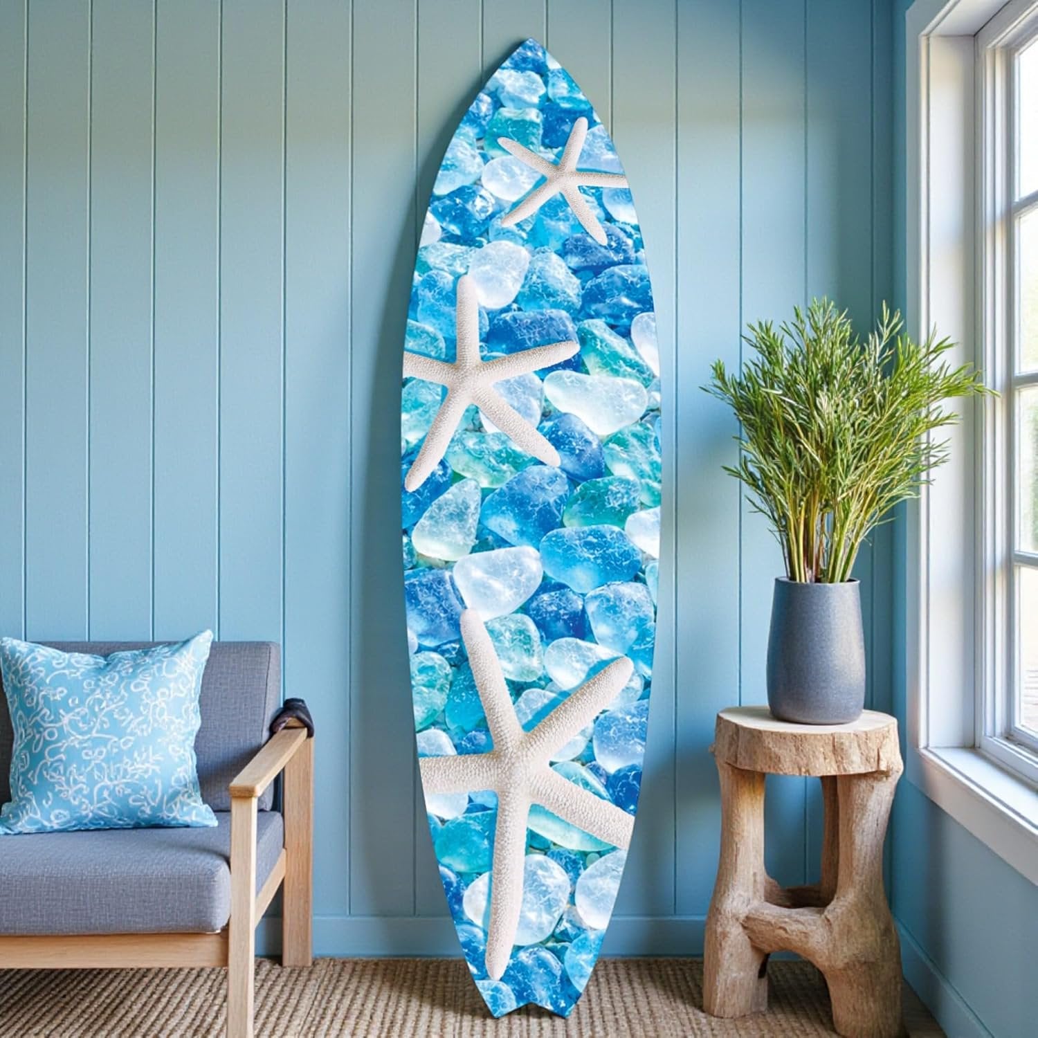 Starfish & Sea Glass Surfboard Wall Art | JennyGems | Blue Ocean Coastal Decor, Indoor Outdoor PVC