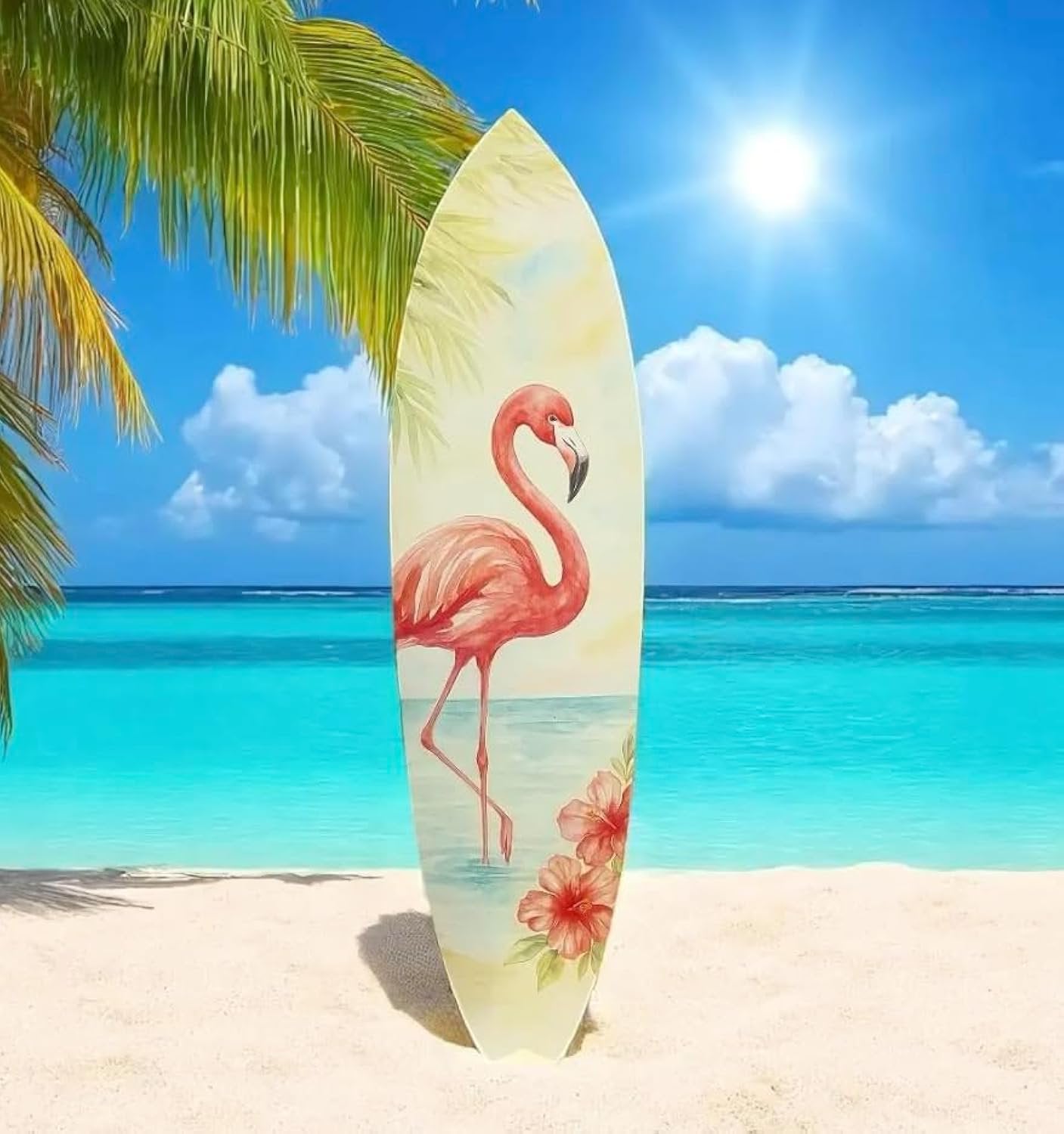 JennyGems Flamingo Surfboard Wall Art – Tropical PVC Beach House Decor, Coastal Flamingo Sign for Porch or Patio, Outdoor Weatherproof Wall Art