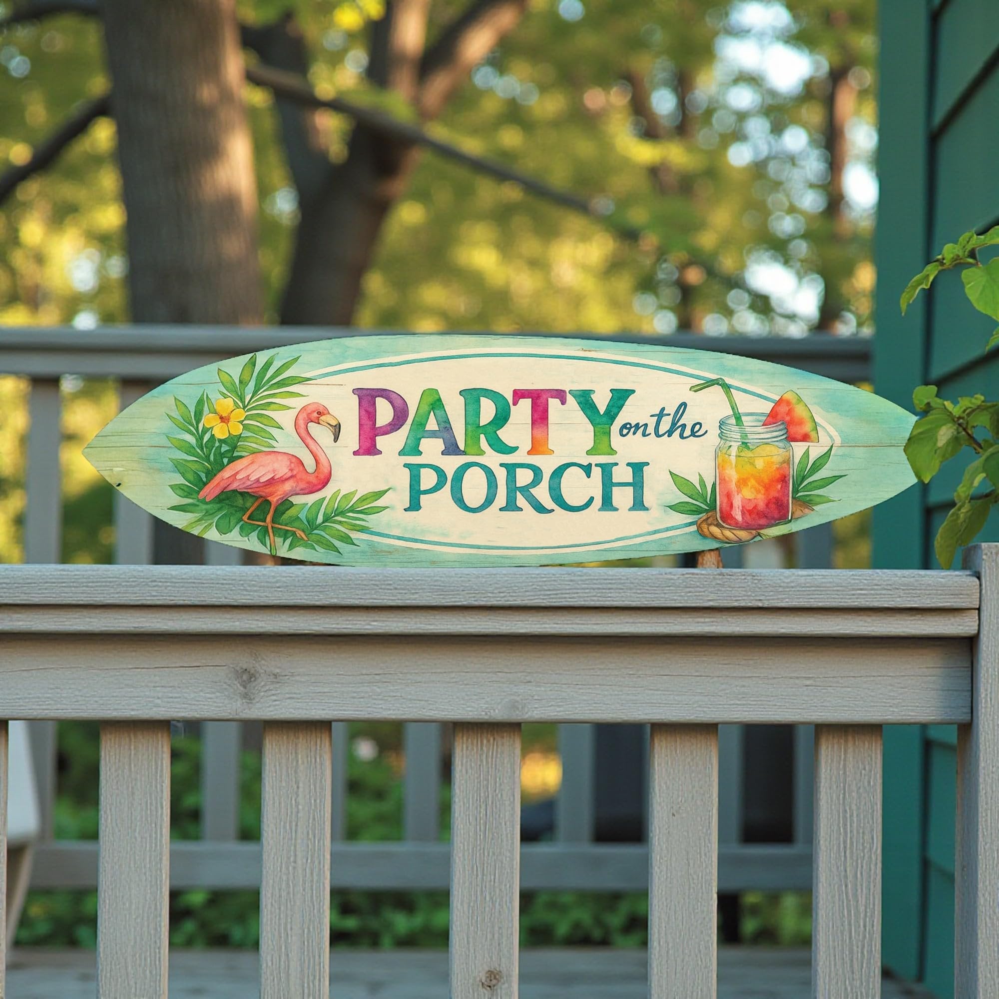 Party on the Porch Surfboard Wall Art – Indoor Outdoor PVC Porch Decor, Tropical Patio Sign, Flamingo Summer Decor