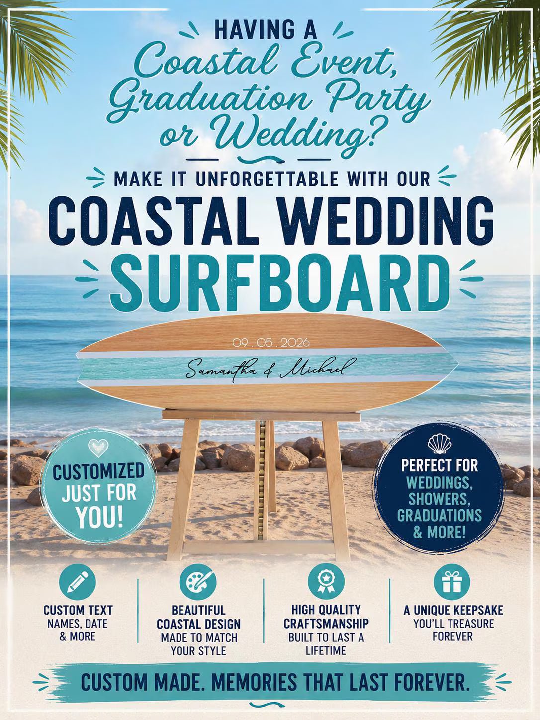 Personalized Surfboard Wedding Guest Book: Coastal Wedding Decor, Custom Surfboard