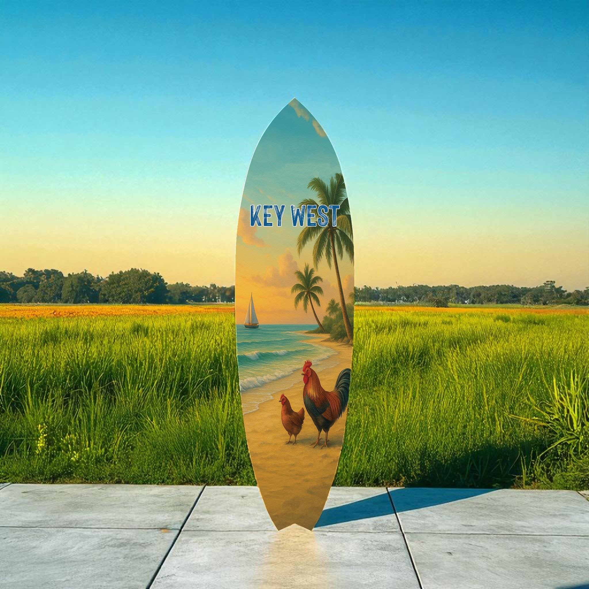 Key West Chicken Surfboard Wall Art: Beach Coastal Decor