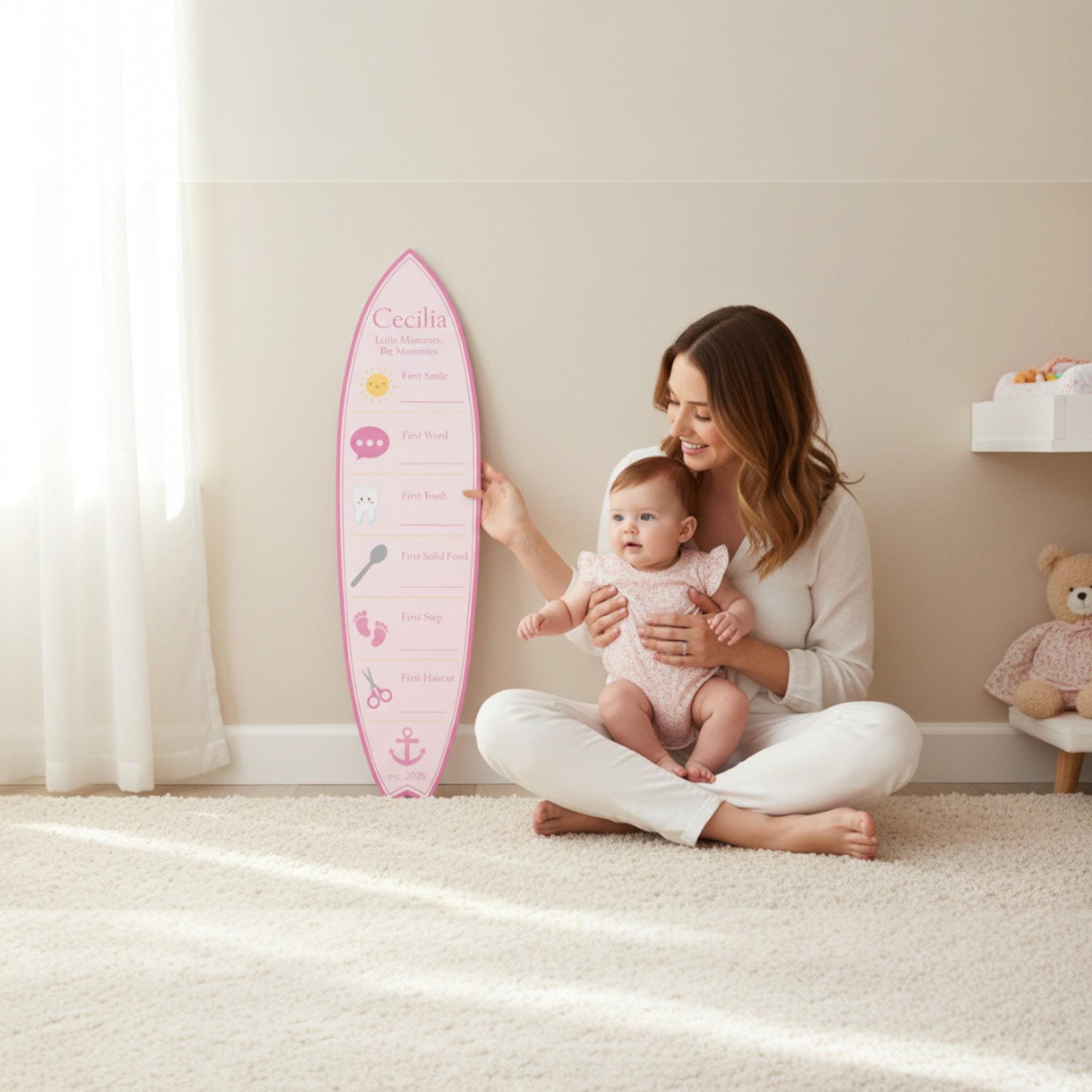Baby Milestone Surfboard, Baby Firsts Keepsake Board, Nursery Wall Decor, Personalized Baby Milestones Sign, Baby Shower Gift
