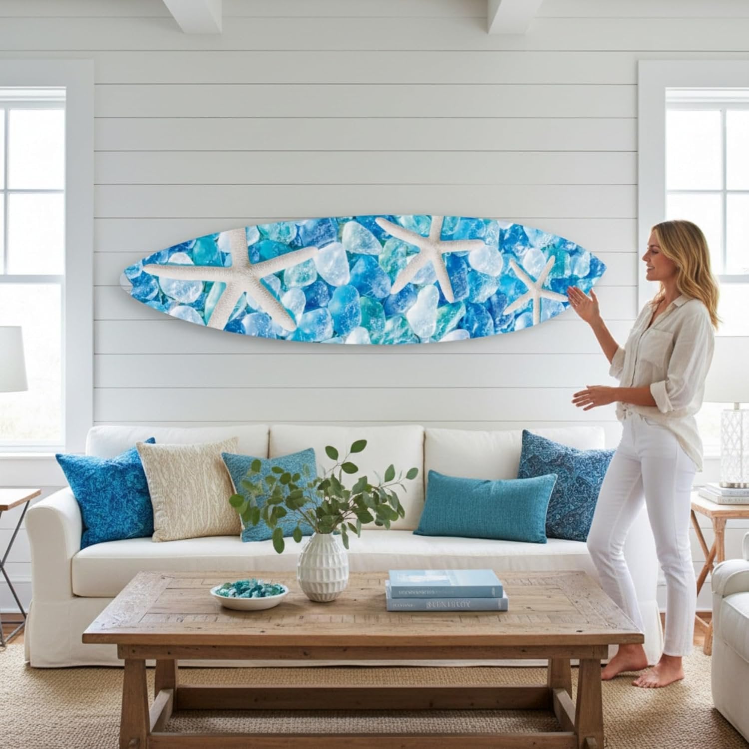 Starfish & Sea Glass Surfboard Wall Art | JennyGems | Blue Ocean Coastal Decor, Indoor Outdoor PVC