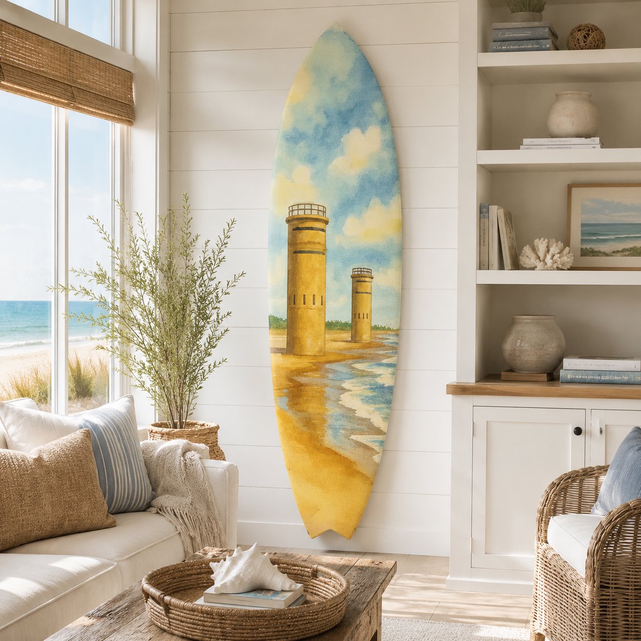 Cape Henlopen Towers Delaware Surfboard, Watercolor Art