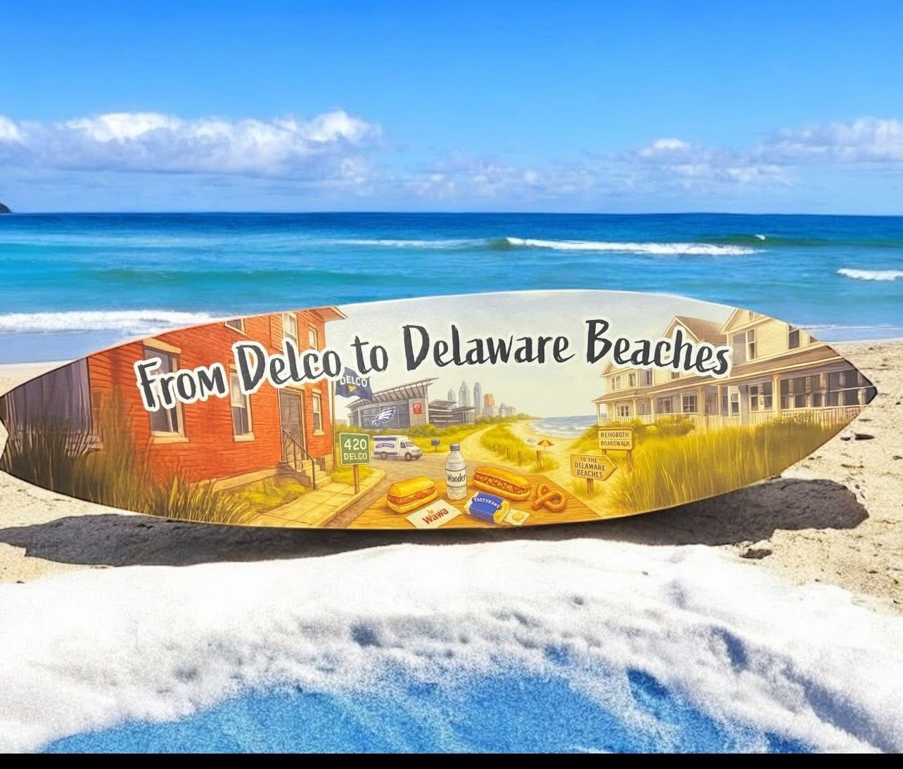 From Delco to Delaware Beaches Surfboard Wall Art, PVC Sign, 1 FT to 5 FT