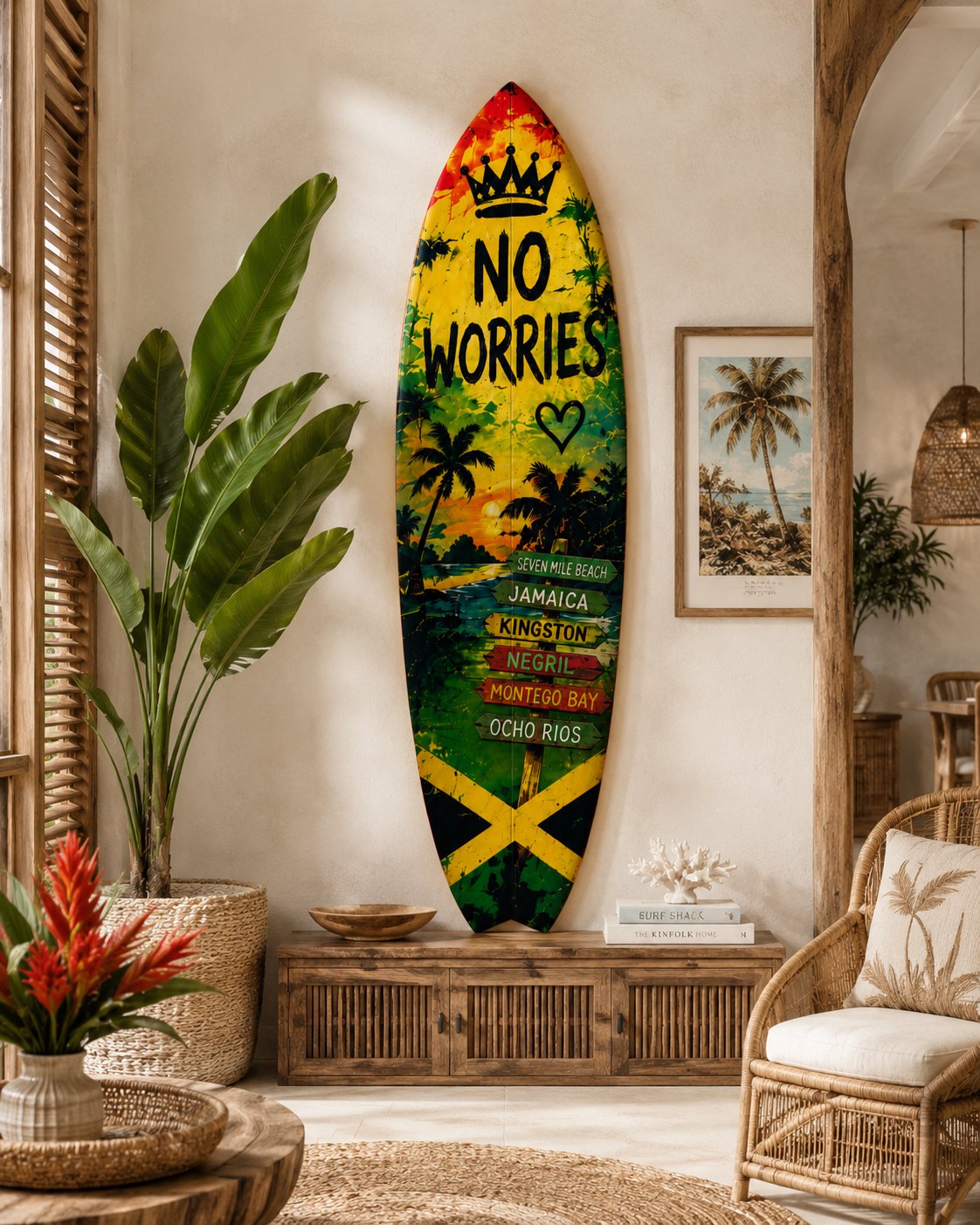 Outdoor Surfboard Wall Art Jamaica Good Vibes Sign with Sunset and Palm Trees, Beach House Tropical Coastal Decor Weatherproof PVC