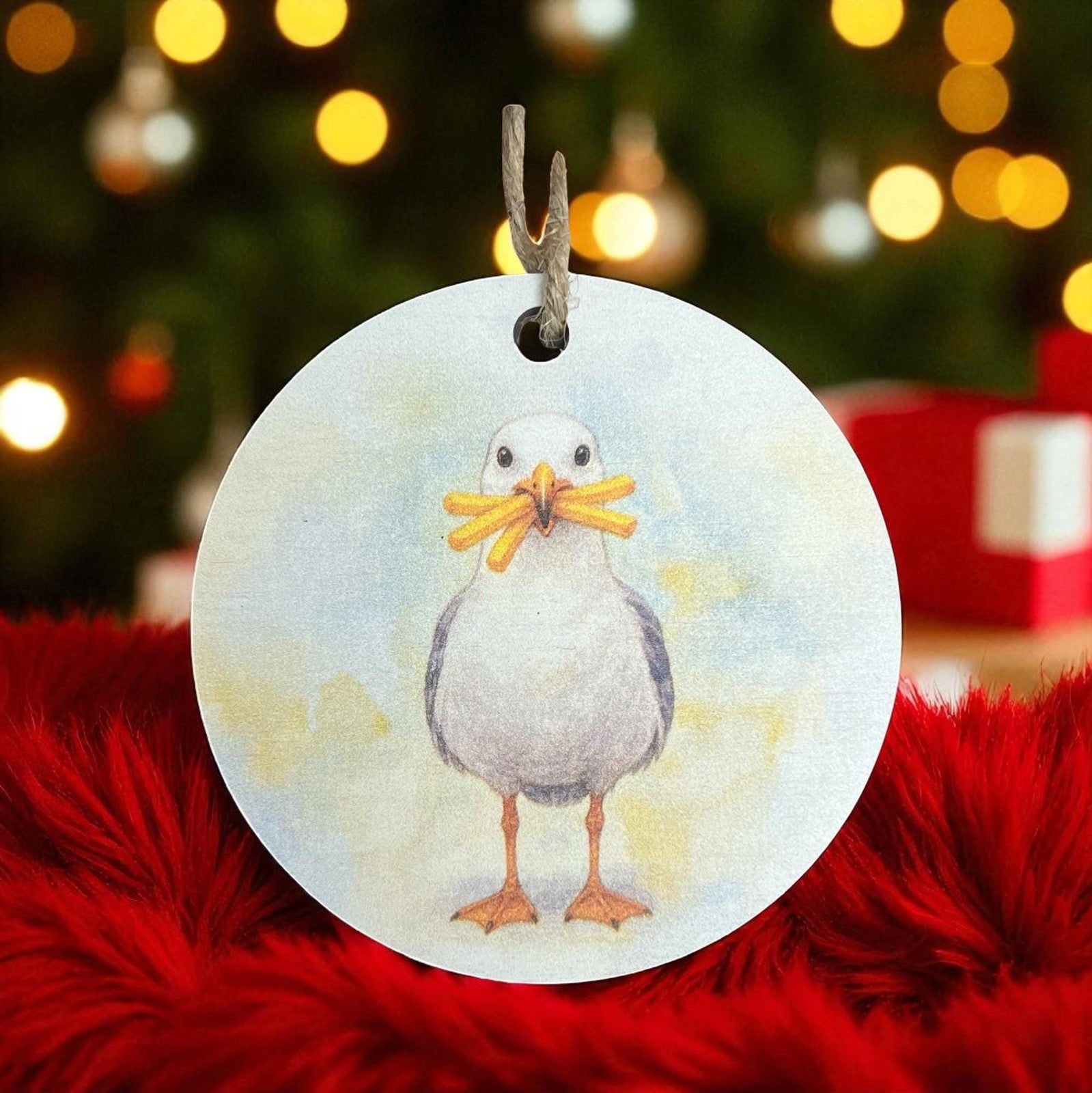 Seagull with Fries Christmas Ornament, Coastal Beach Holiday Décor Wood Ornament