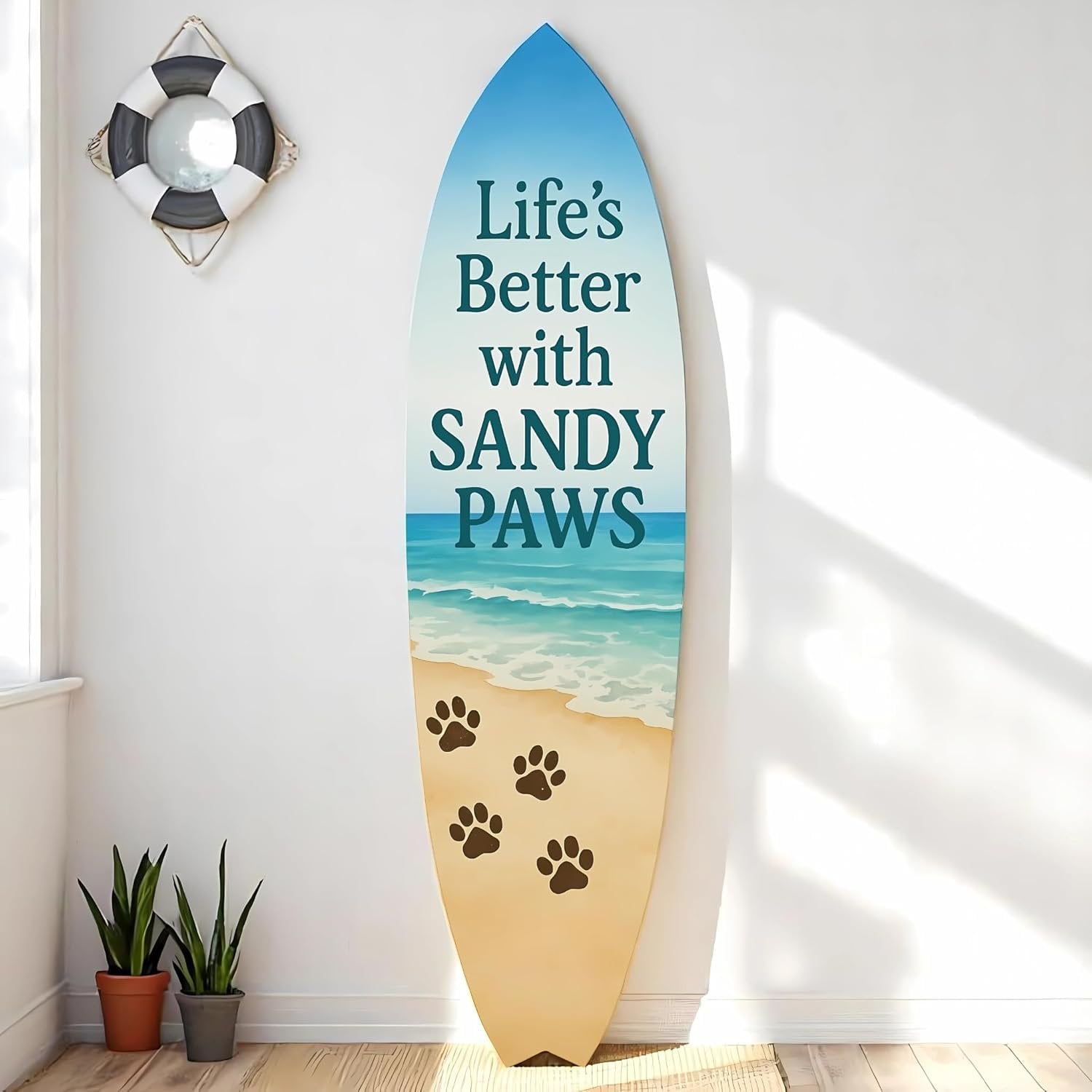 Outdoor Decorative Surfboard Wall Art, Pet Wall Decor for Porch, Pool, Fence, PVC Beach House Decoration, Life's Better Sandy Paws, 4 foot