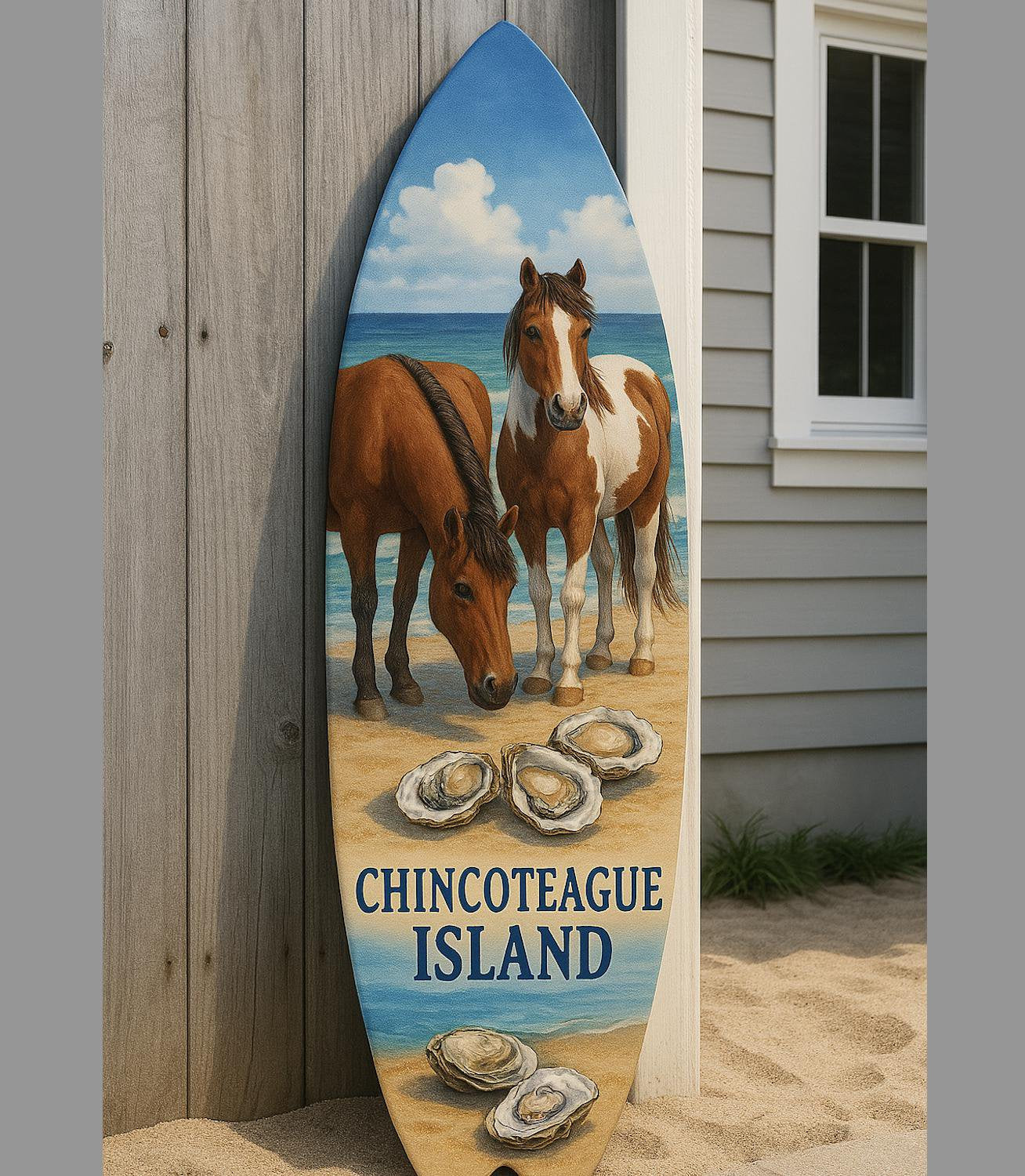 Chincoteague Island Surfboard Wall Art: Ponies & Oysters, Coastal Decor