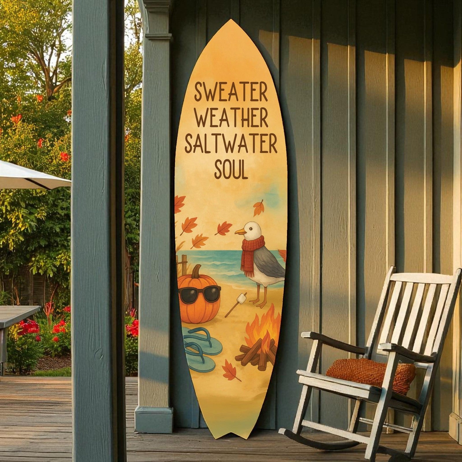 Fall Beach Decor Surfboard Sign, Sweater Weather Saltwater Soul Coastal Wall Art