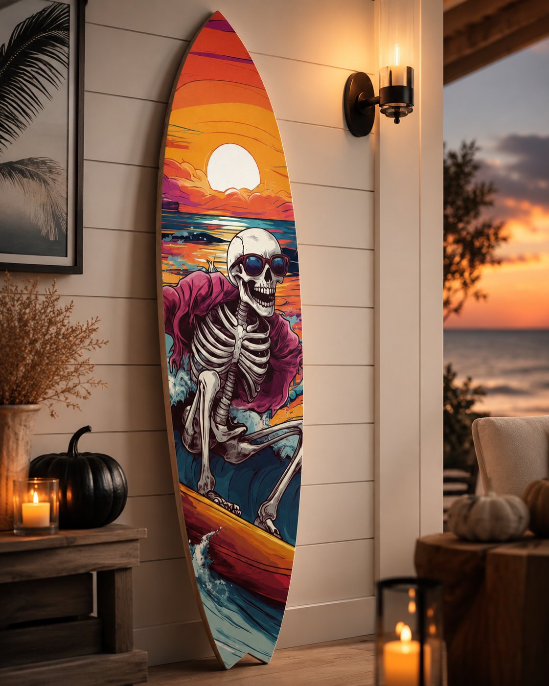 Halloween Surfboard Wall Art | Skeleton Surfing | Coastal PVC Porch Decor