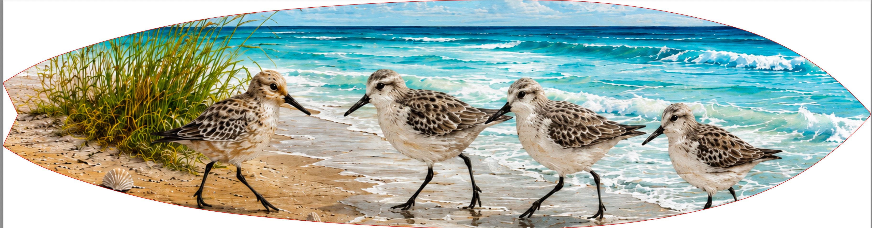 Shorebird Surfboard Wall Art – Beach House Decor with Sandpipers, Surfboard Sign, Weather Resistant PVC Indoor Outdoor