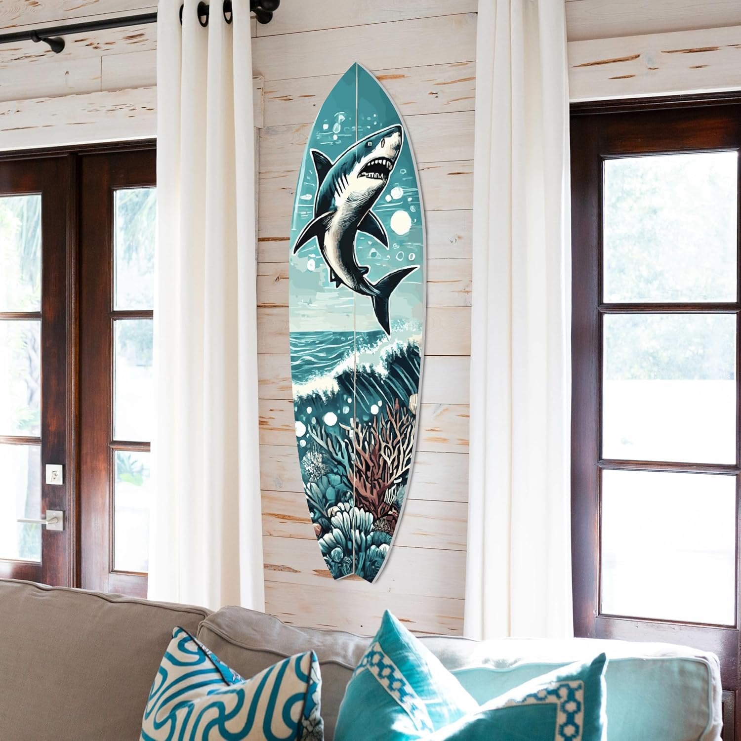 JennyGems Shark Surfboard Wall Art, Ocean Themed Shark Decor, Weather Resistant Indoor Outdoor, 36 x 10 inches