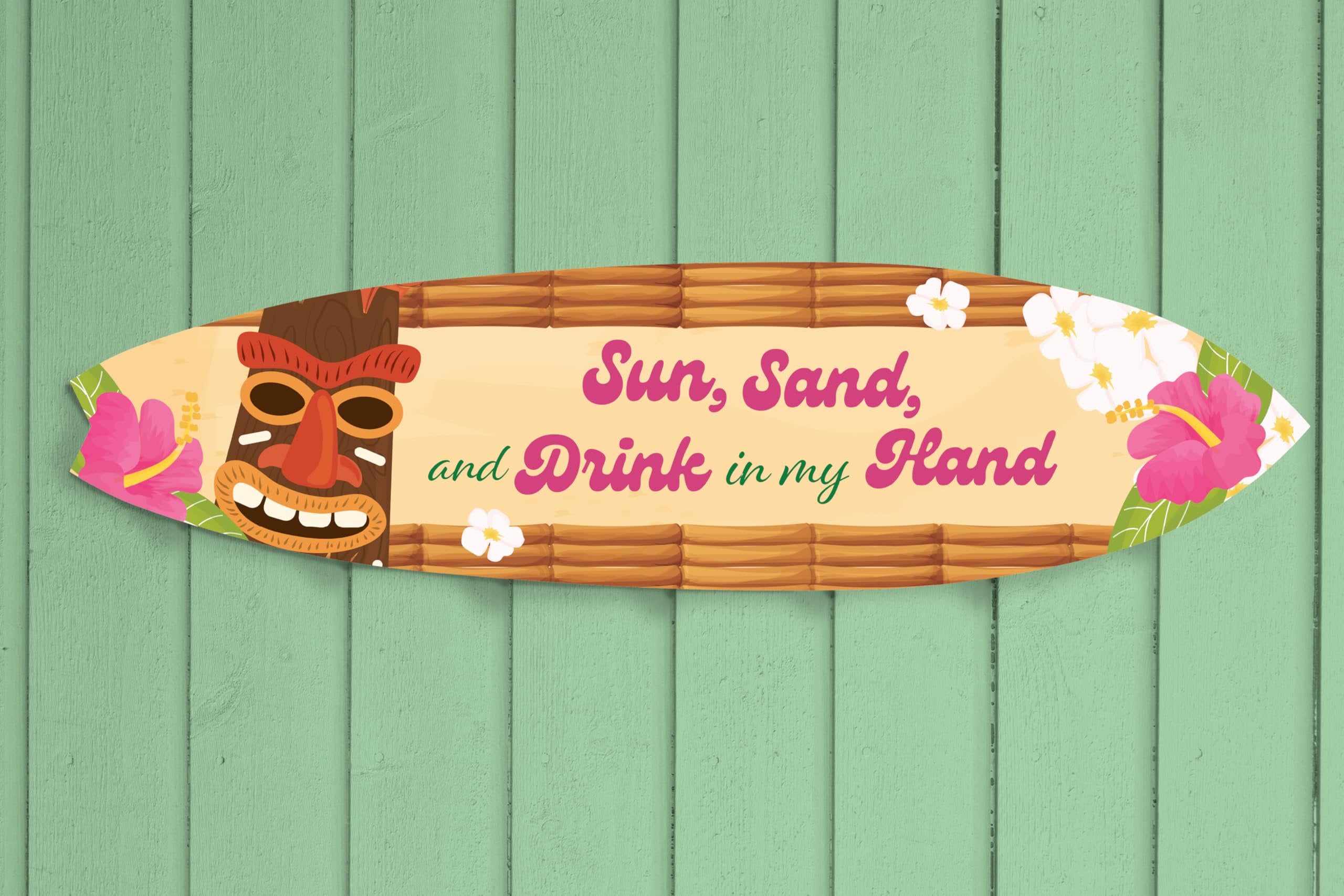 JennyGems Outdoor Tropical Surfboard and Tiki Bar Sign, Sun Sand Drink in Hand, Weather Resistant