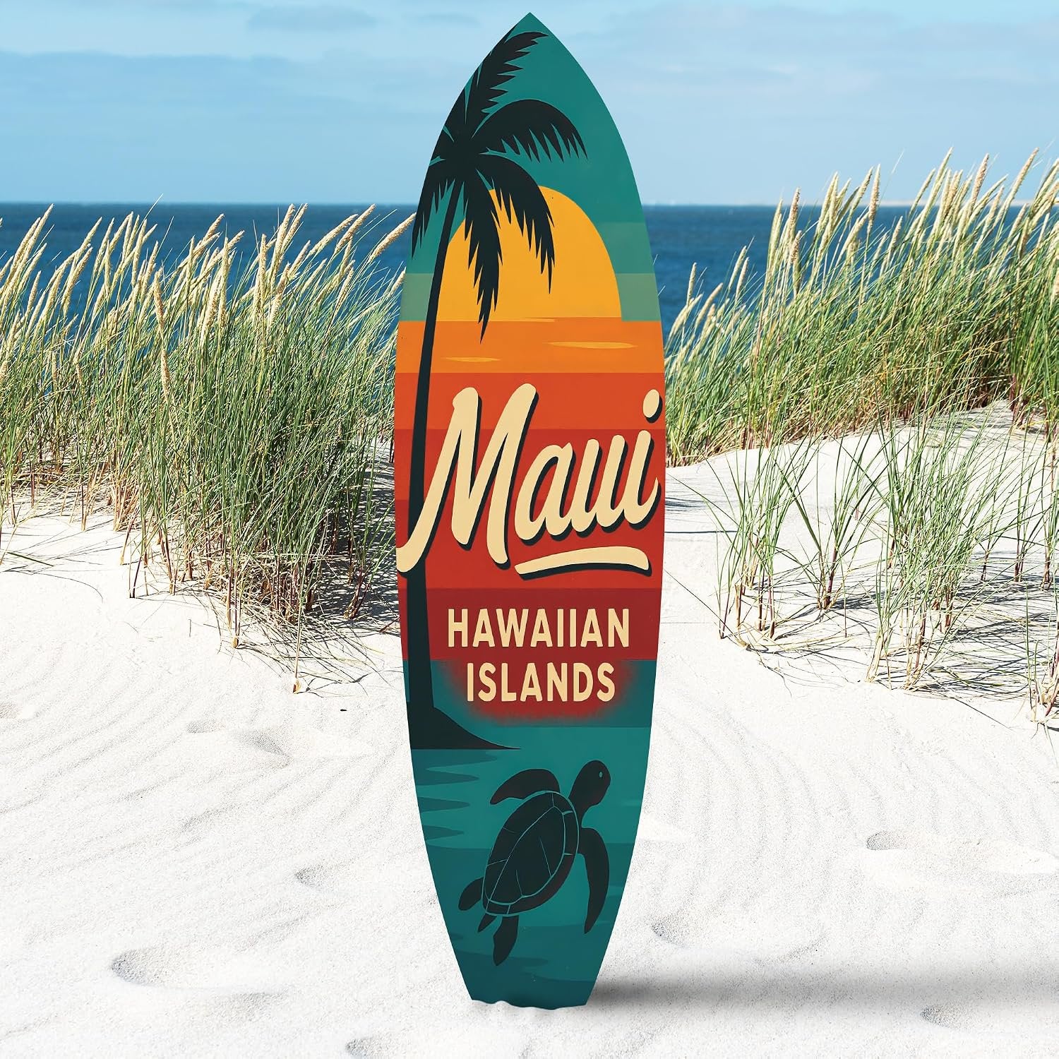Maui Hawaiian Islands Surfboard Wall Art, Weatherproof PVC, Coastal Decor