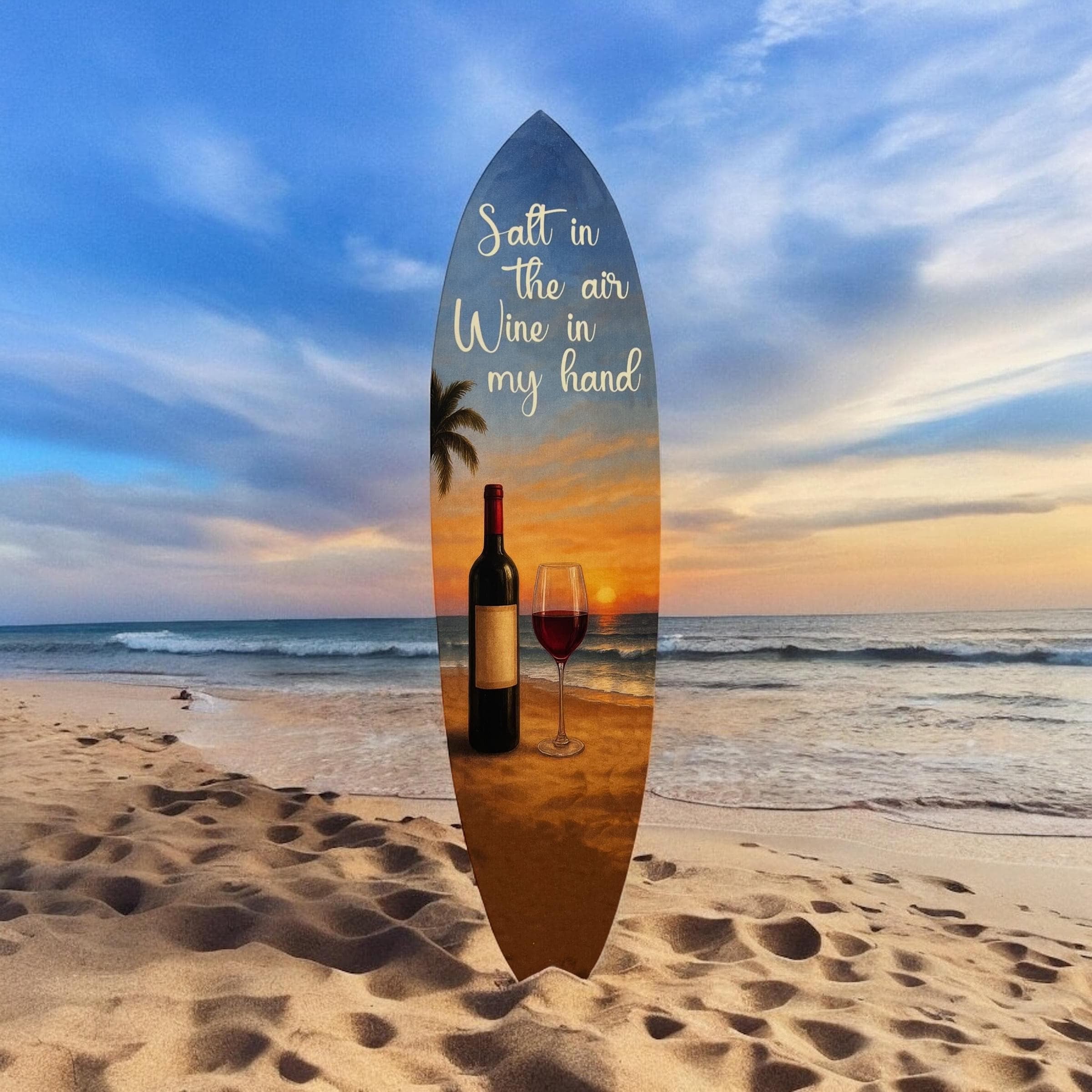 Wine Surfboard Wall Art: Beach Sunset Decor - Coastal Wine Sign