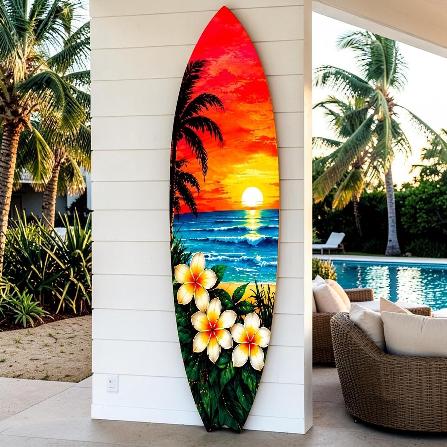 Tropical Surfboard with Palm Trees and Plumeria Flowers