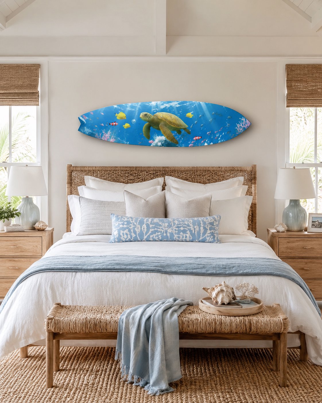 Sea Turtle Surfboard Wall Art, Horizontal Coastal PVC Decor, 1 FT to 5 FT