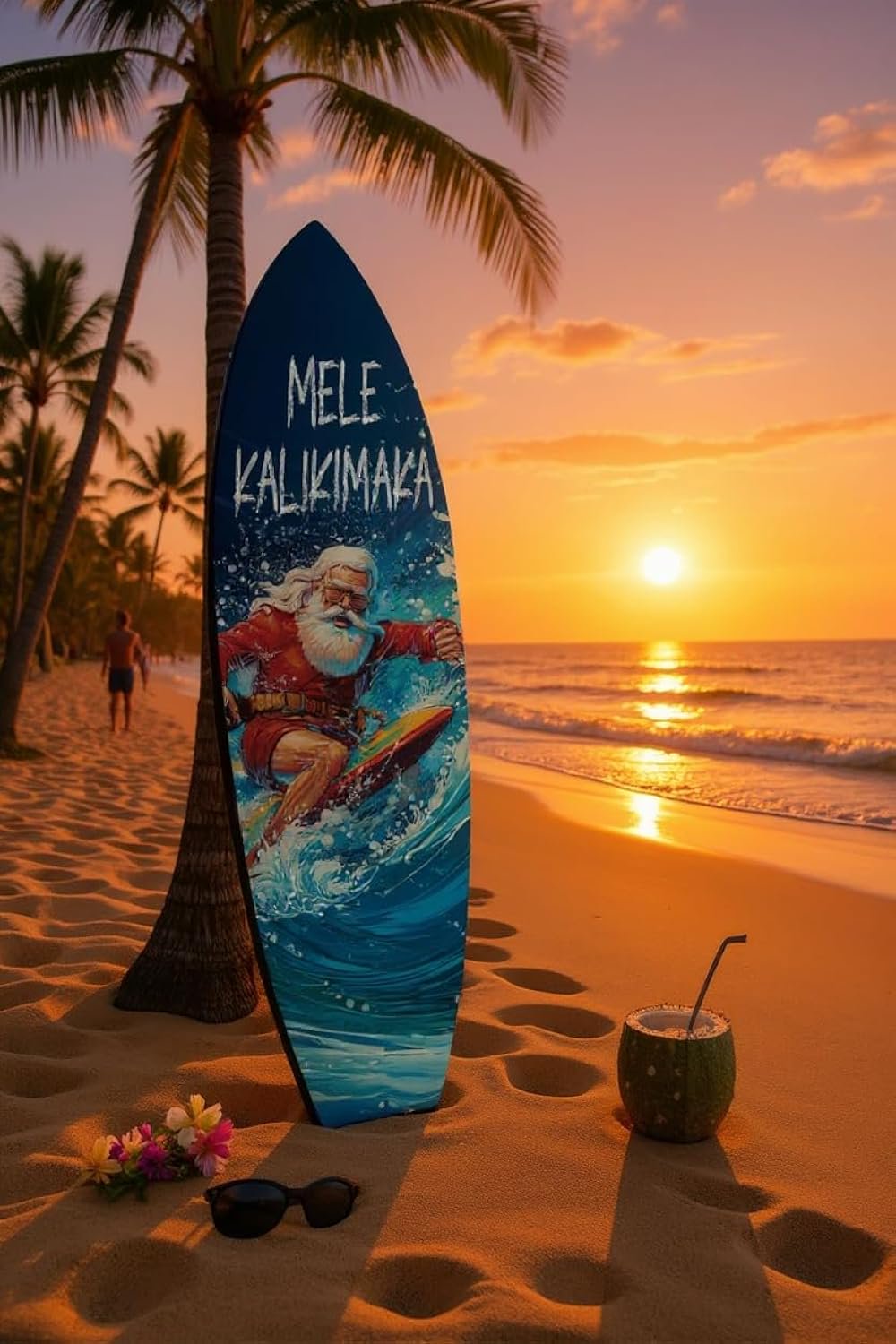 Christmas Surfboard Wall Art - Mele Kalikimaka Surfboard Sign, PVC Coastal Holiday Decor for Beach Homes (2 Foot)